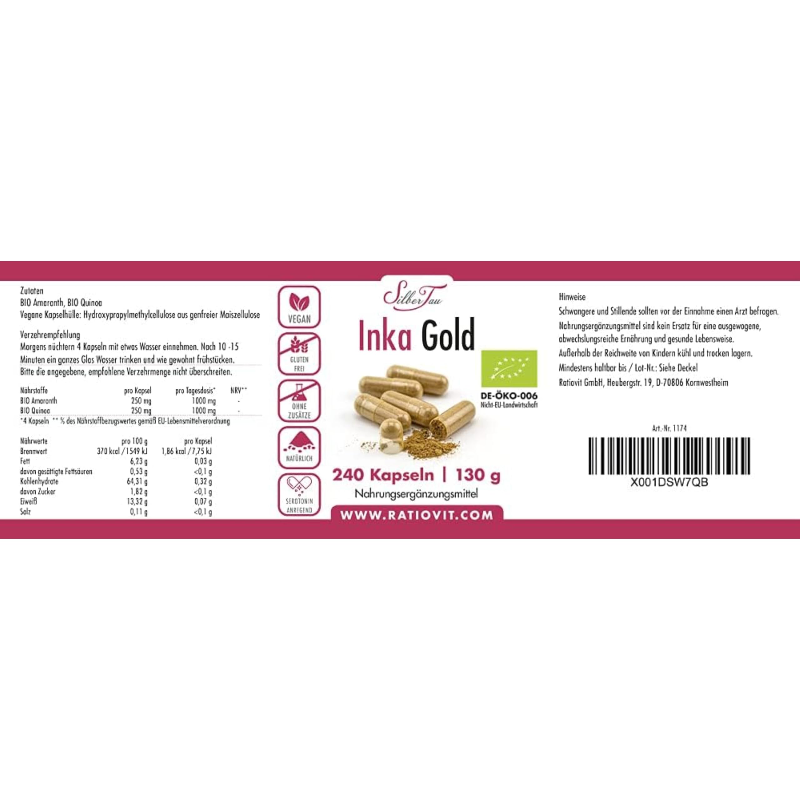 Inka Gold – 240 BIO Kapseln mit Amaranth & Quinoa – 100 % pflanzlich – roh & naturrein – glutenfrei & vegan – ohne Zusatzstoffe – DE-ÖKO-006 zertifiziert