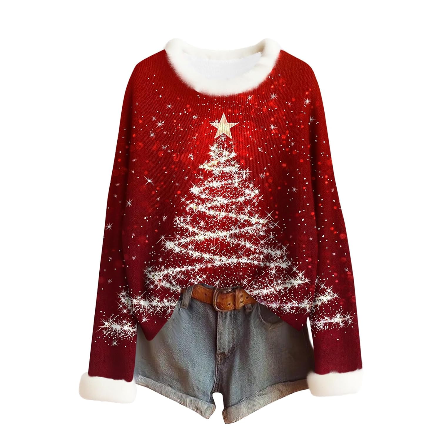Christmas Sweaters for Women Ugly Xmas Printed Pullover Tops Faux Fur Trim Long Sleeved Ripped Knitted Sweater
