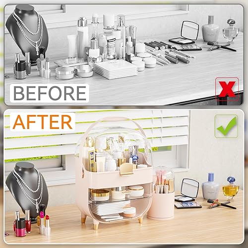 Miniatura 6 de Yieach Organizador de maquillaje de encimera para tocador, organizador de cuidado de la piel de gran capacidad con cajones y soporte para brochas