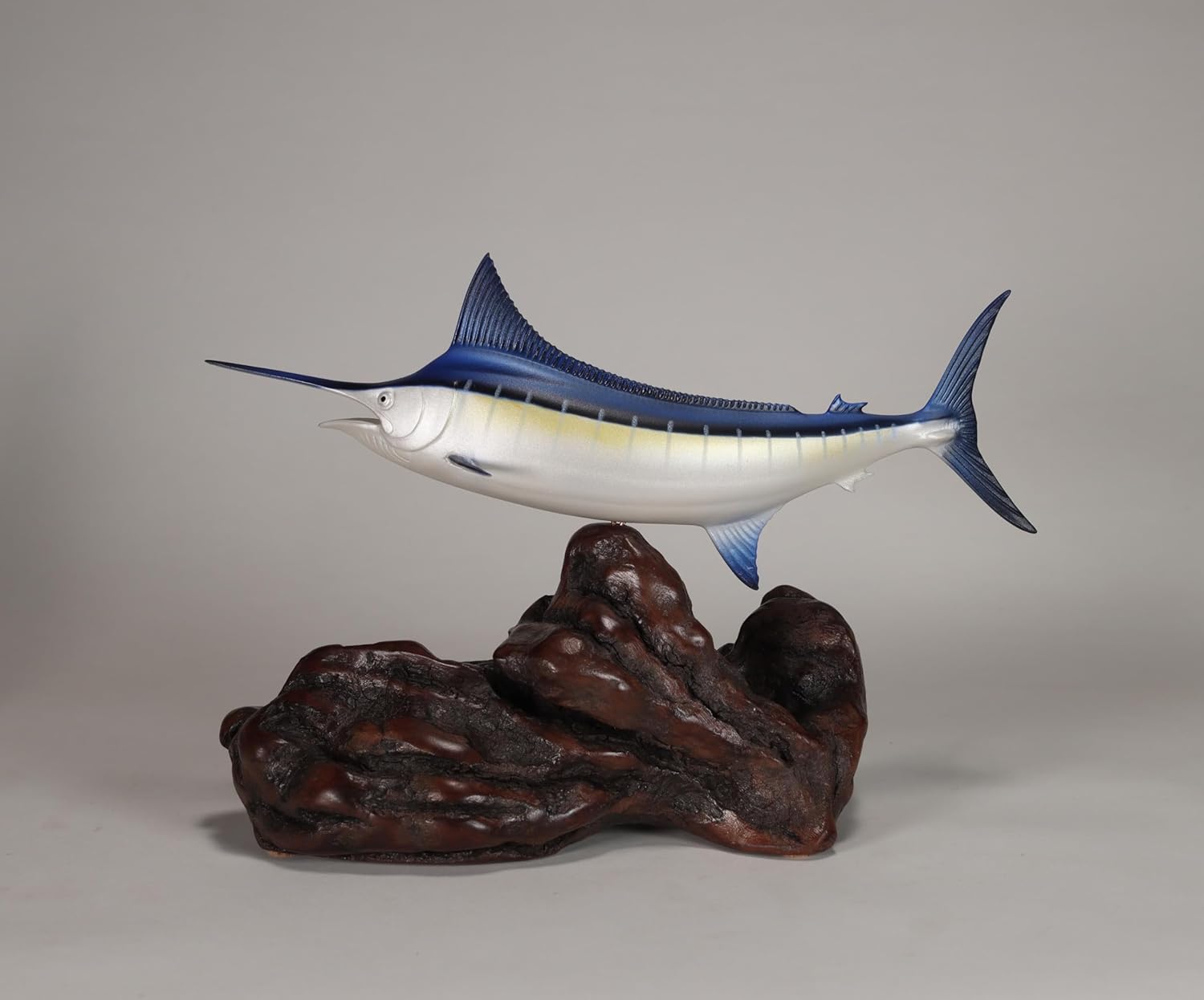 Marlin Sculpture by John Perry Airbrushed 10in Long on Polished Burlwood Base. Signed. New Version.