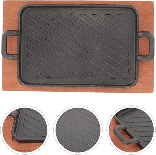 Miniatura 7 de Sartén de hierro fundido resistente con base de madera, placa rectangular chisporroteante para barbacoa, bistec y freír, 12.20 x 7.48 x 1.57