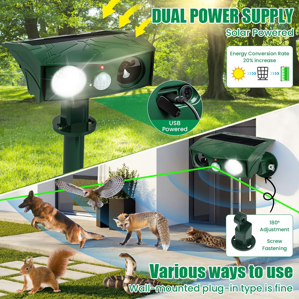 AXFEE Solar-Betriebener Katzenschreck, 2er-Pack Ultraschall Katzenschreck, Wasserdichtes Solar Tiervertreiber mit Bewegungsmelder und Blitz, für Garten Wirksam Vögel, kann Katzen und Kaninchen