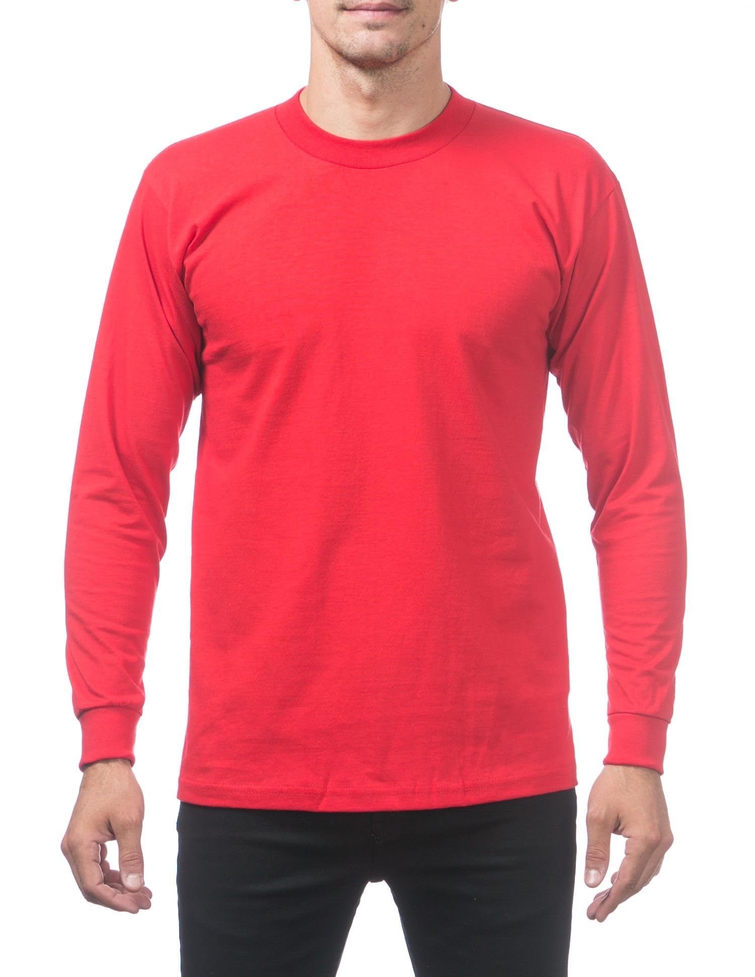 Pro Club Men's Heavyweight Cotton Long Sleeve Crew Neck T-Shirt, Red, Medium