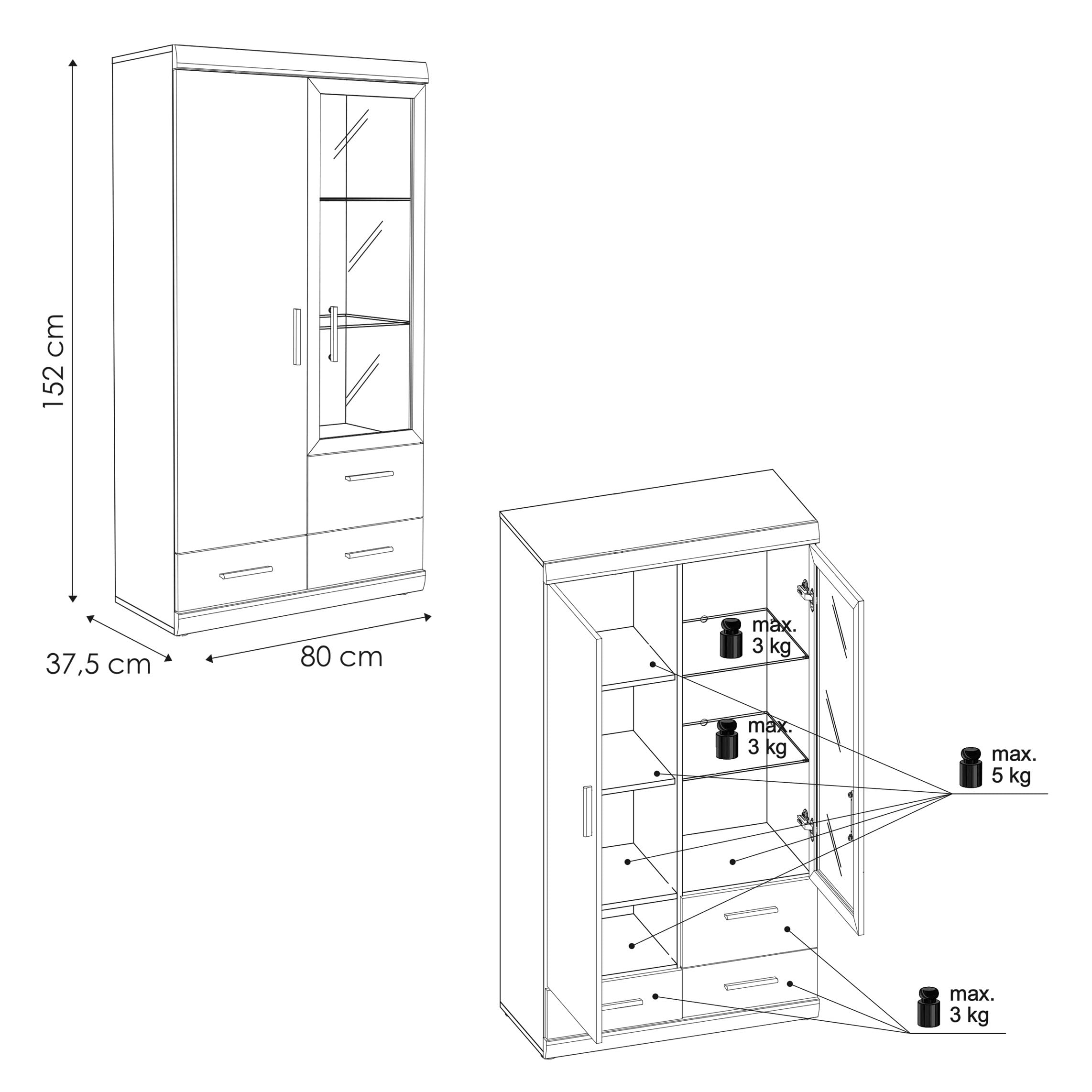 Lomadox Highboard 80 cm Nussbaum Wohnzimmerschrank Vitrinenschrank Vitrine Stauraumschrank Geschirrschrank