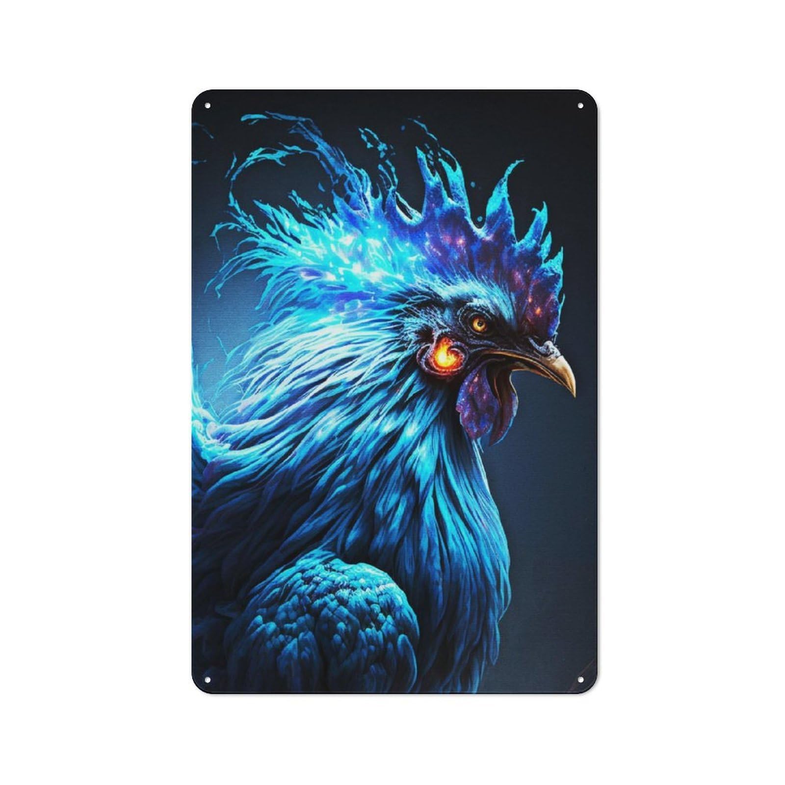 Junmoney Blue Fire Rooster Monster Metal Plaque 30X20cm With For Garage Wall, Vintage Decor, For Vintage Wall Decor Fans, For Metal Sign Collectors
