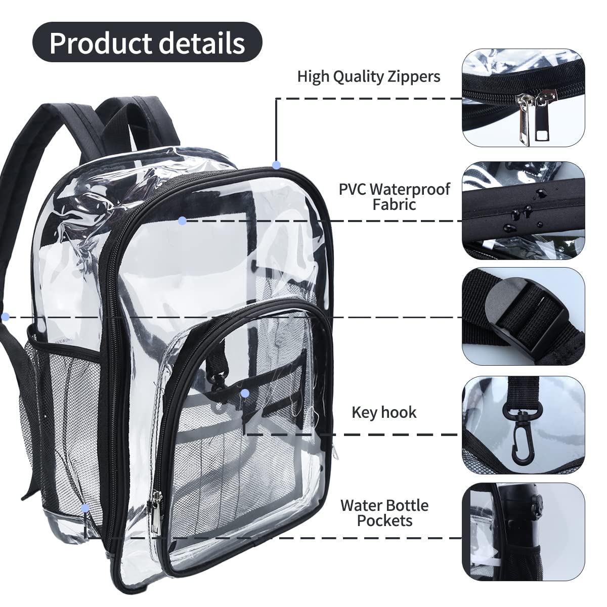 FISHSHOP Zaino in PVC Trasparente,Impermeabile Casual Bag Zainetto Zaino Trasparente Donna Uomo Zaini,Per Scuola Lavoro Viaggio Palestra Spiaggia Concerti Festival (L)