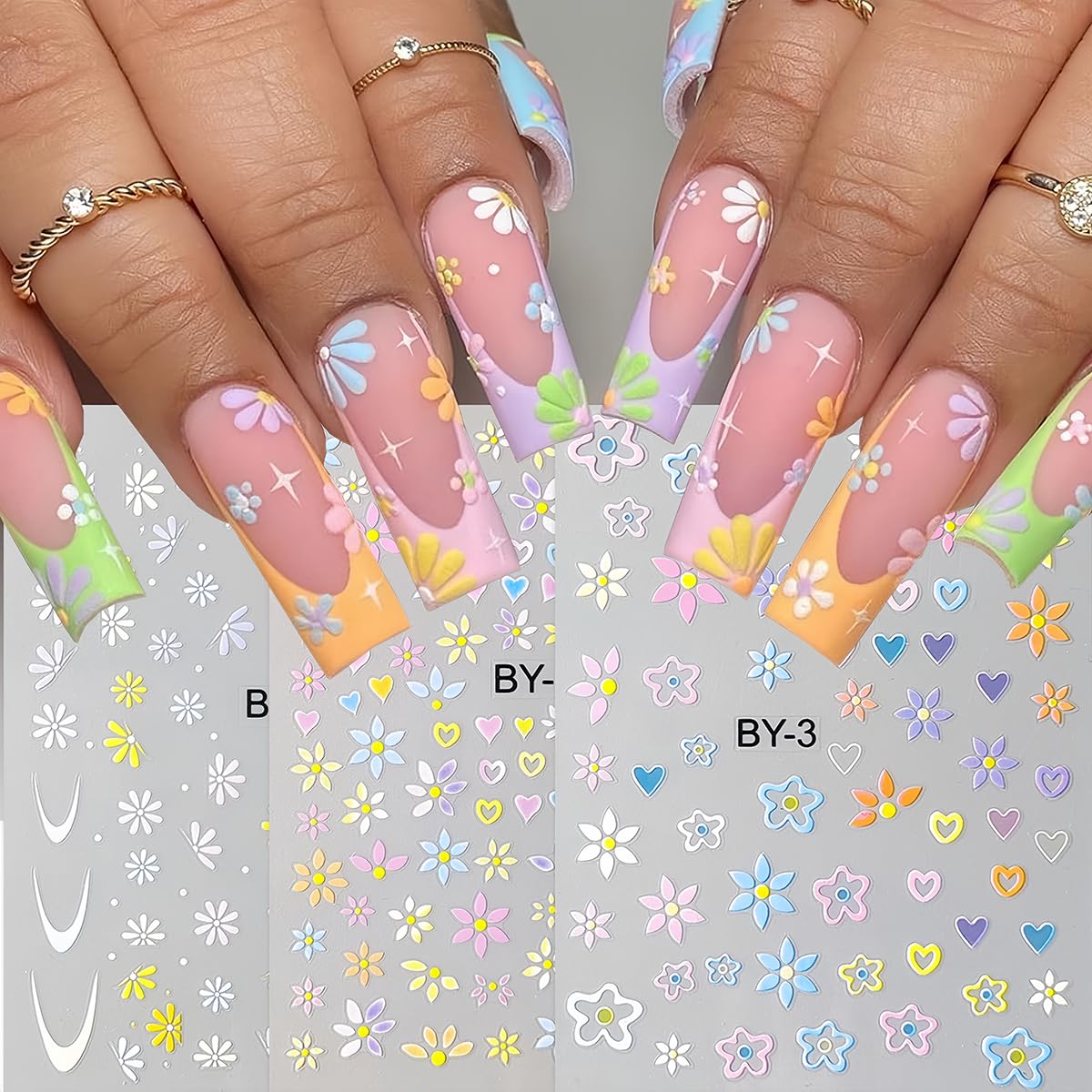 Nail Stickers for Flowers Heart Nail Art - 6 Sheets Colorful Flowers Nail Decals Spring Daisy Nail Art Design 3D Self Adhesive Crystal Flowers Nail Supplies French Tip Nail Sticker for Nail Decoration