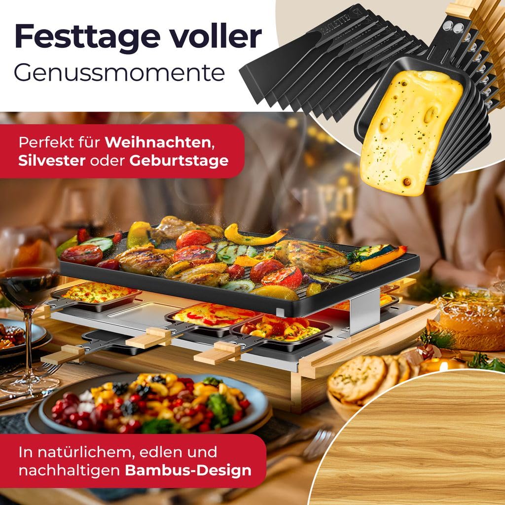 KESSER® Griglia per raclette con pietra naturale, piastra per grigliare griglia da tavolo per 8 persone, griglia elettrica per raclette con piastra antiaderente, 8 pentole e spatola di legno 1200W