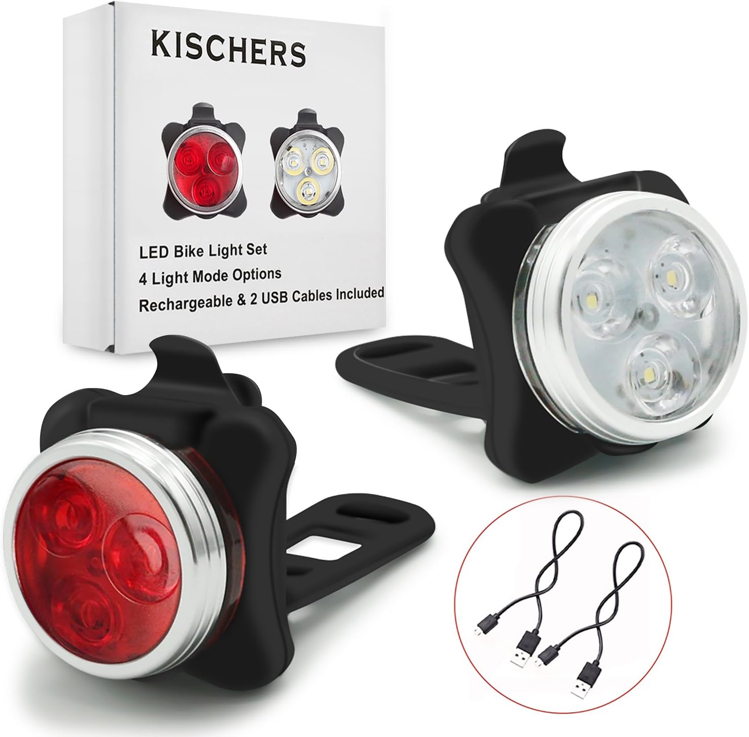 KISCHERS Bike Lights Set, USB Rechargeable Cycle Lights Kit, Waterproof LED Bicycle Light Front and Rear Set (4 Light Mode Options, 2 USB Cables)