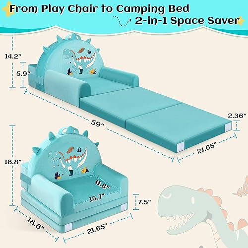 Miniatura 3 de Sofá cama de dinosaurio para niños con funda extraíble lavable y respaldo de cinta mágica - Silla plegable para niños pequeños, cómodos muebles de