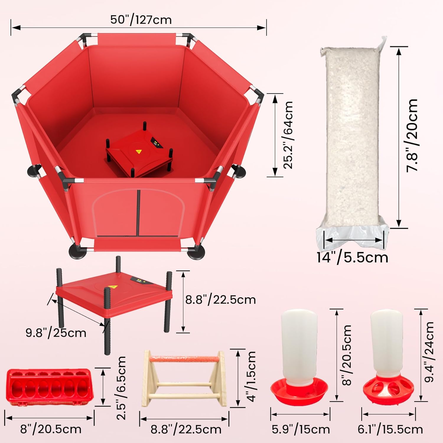 Brooder Box for Chicks, 8-in-1 Chick Heat Plate Starter Kit, Baby Chicken Brooder Pen with Feeder, Waterer, Perch & Bedding, Indoor Poultry Setup (Red)