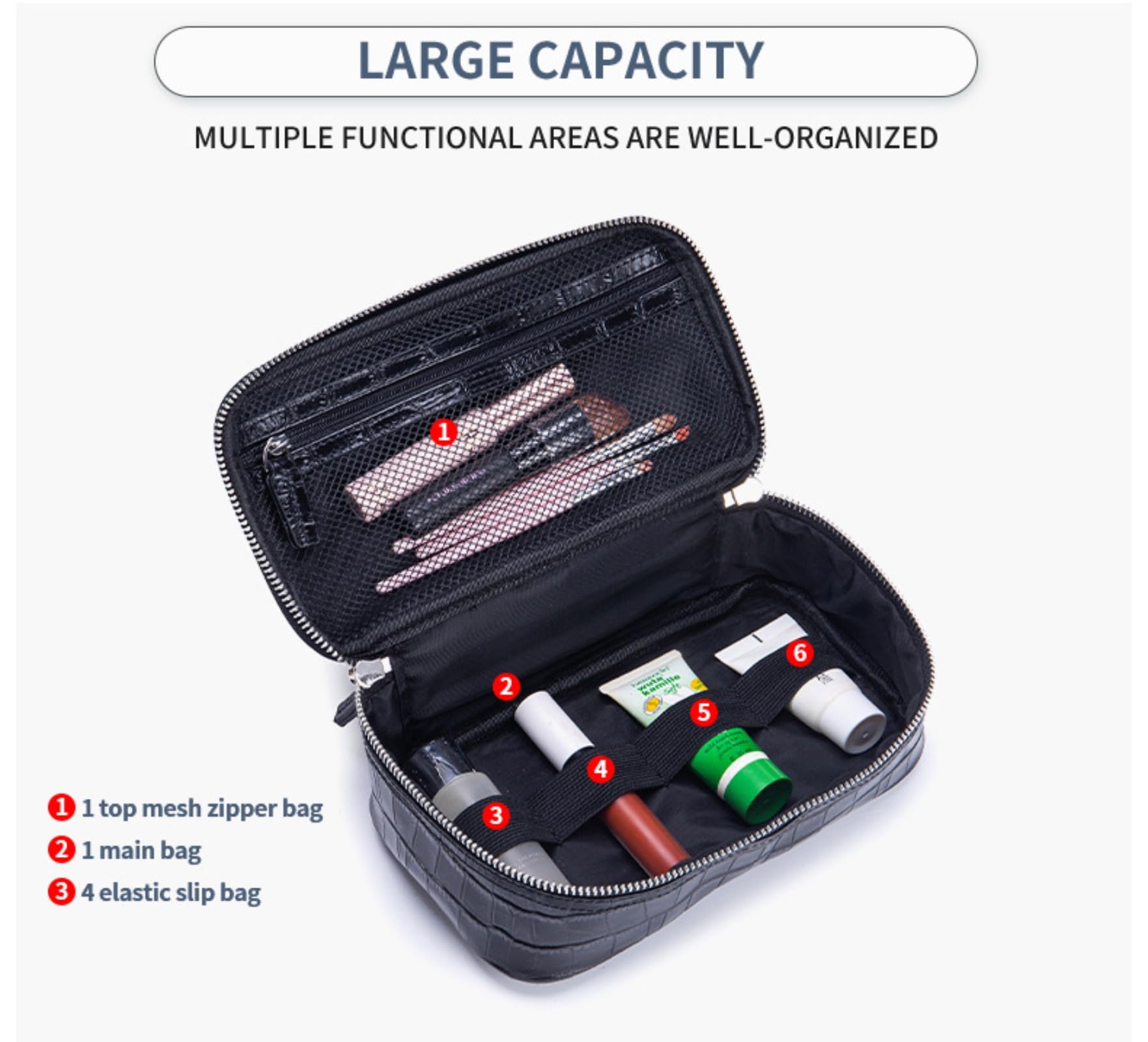 Beauty case da donna in vera pelle, con stampa a coccodrillo, grande capacità, portatile, con cerniera, impermeabile, per uso quotidiano e in viaggio, Nero , Custodia da viaggio per pennelli da trucco