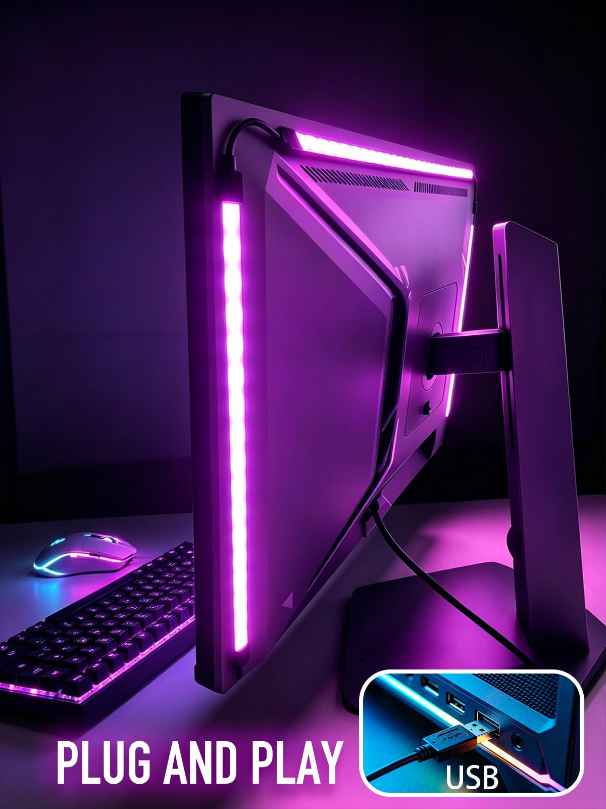 Retroiluminación LED RGB para monitor, control de aplicación inteligente, múltiples modos, sincronización de música, puerto USB (para monitor de 24 pulgadas, estándar)