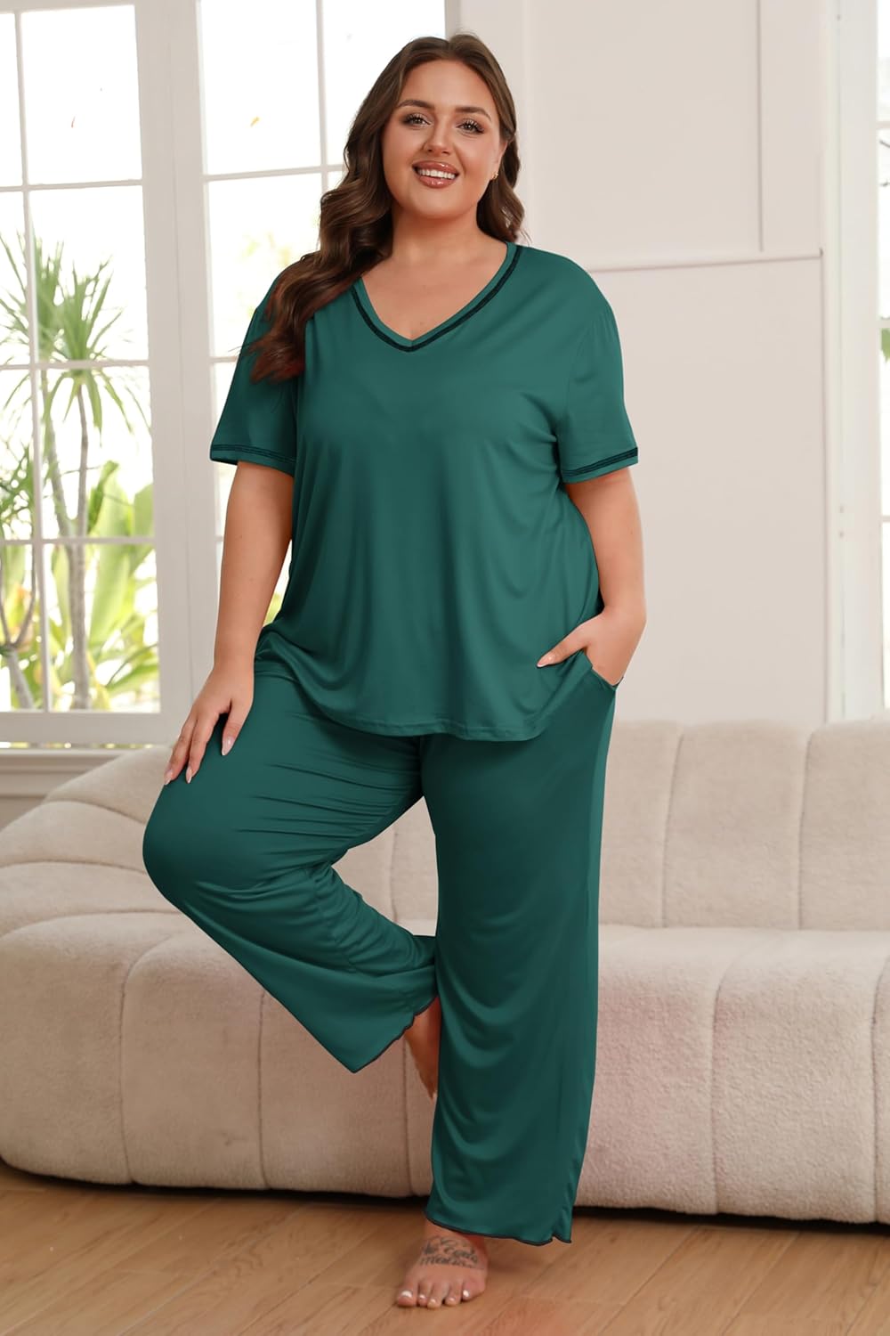 Vozanet Women's Plus Size Pajama Sets Short Sleeve Long Pants Solid Color with Piping Trim Elegant Loungewear Cozy Sleepwear - Image 2