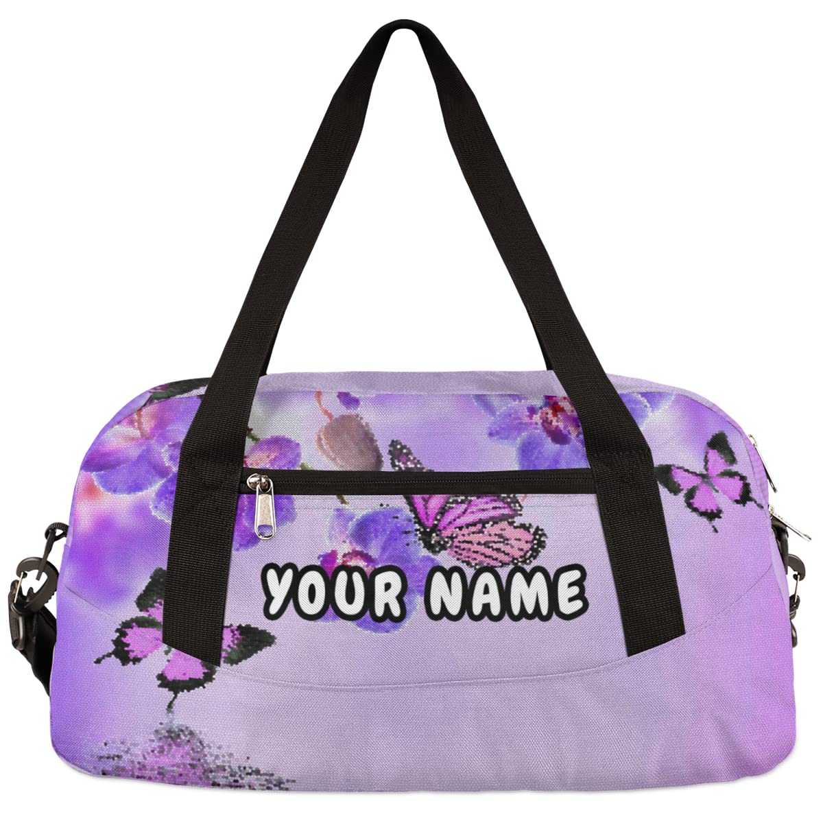 Purple Flower Butterfly Personalized Kids Duffel Bag for Girls, Butterfly Debris Custom Name Dance Bag Overnight Small Duffel Bag Carry On Sports Travel Bag for School Practice Gymnastics Ballet