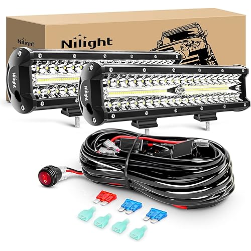 Nilight LED Light Bar 2Pcs 12 Inch 300W Triple Row Flood Spot Combo 30000LM Driving Lights with Off Road Wiring Harness Kit -2 Leads for Trucks ATV UTV SUV, 2 Years Warranty