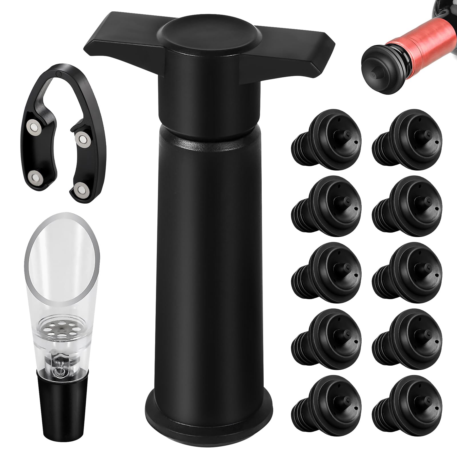 Weinpumpe Vakuum: 1 Pumpe Und 10 Stopfen Schwarzer Weinstopper, Luftdicht, Oxidation Verhindern, Für Weingenuss (Schwarz)