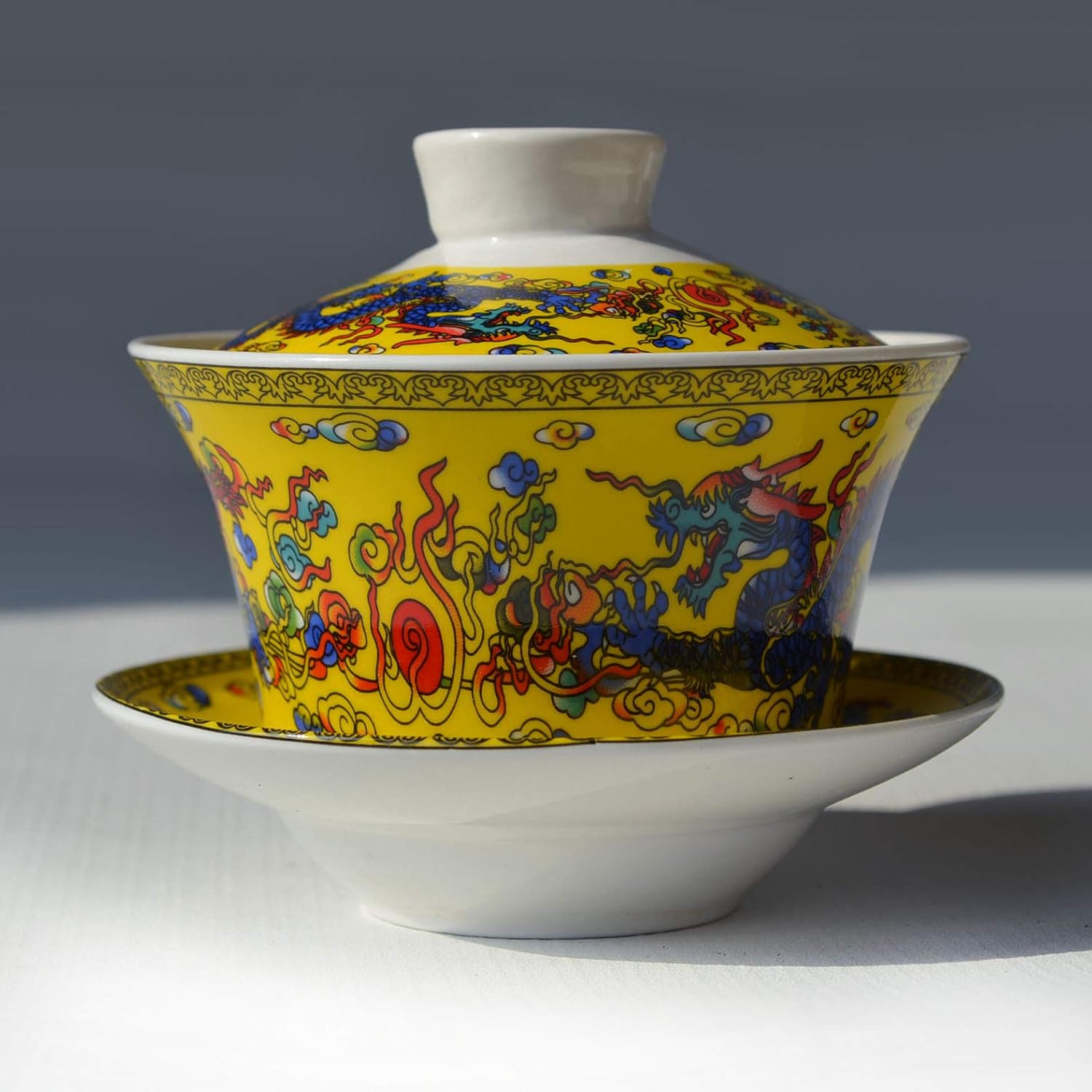 Gaiwan Teacup 7oz Chinese Dargon Sancai Cover Bowl Lip Saucer Set for Gongfu Tea (Yellow)