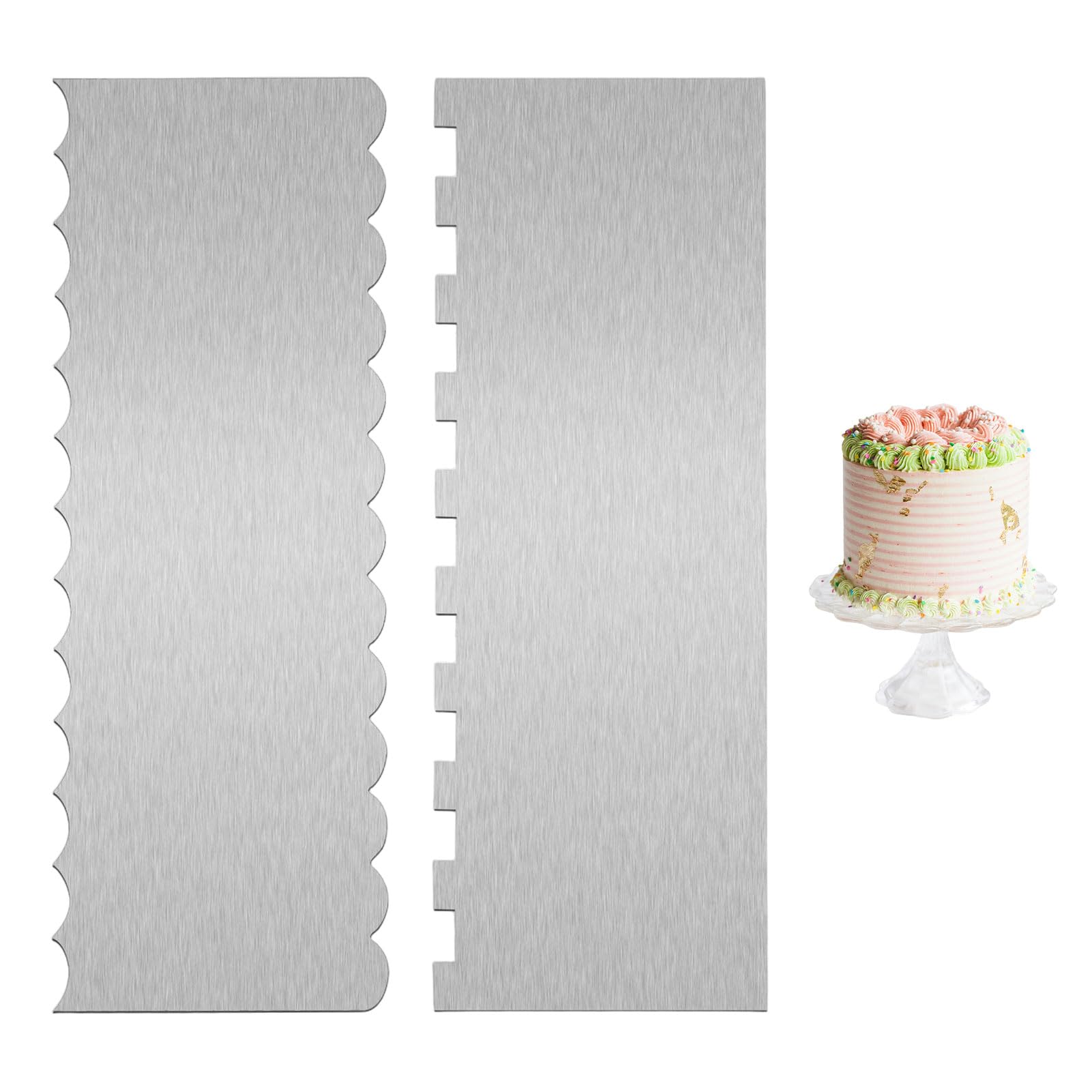 Metal Cake Scraper, 2-Piece Stainless Steel Cake Scraper and Buttercream Smoother, Cake Smoother for Decorating Various Shaped Cake Edges, Birthday Cakes(8.6 x 3 Inch)