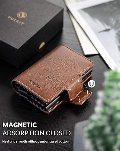 Miniatura 5 de VULKIT Tarjetero de cuero con bloqueo RFID, billetera desplegable automática con bloqueo RFID, cartera magnética para tarjetas doble para hombres y