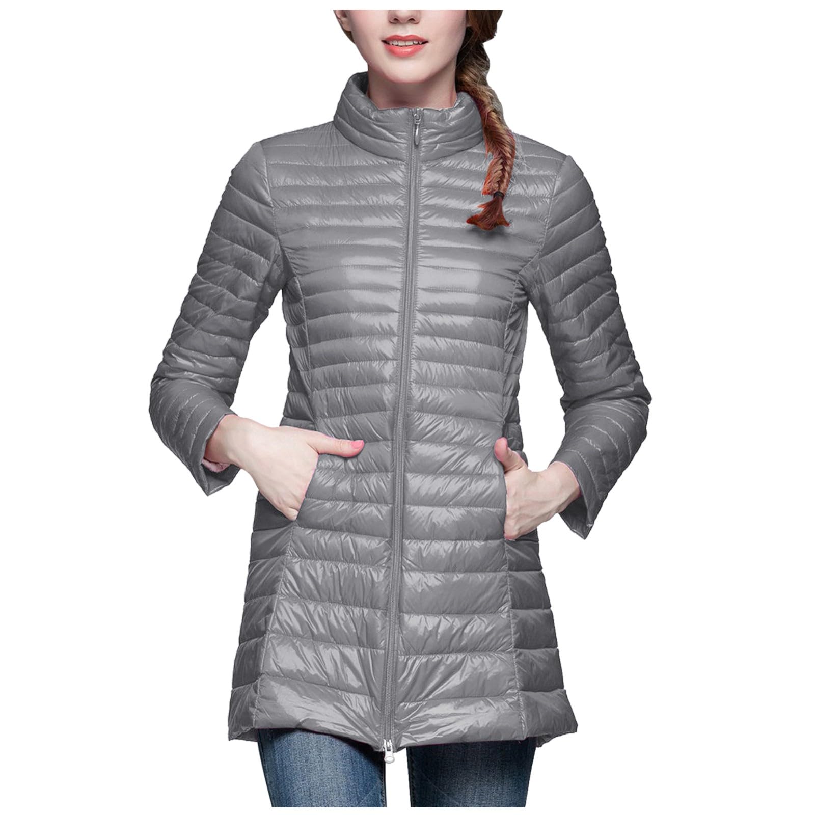 Generisch Abrigo acolchado ligero para mujer, largo, con capucha extraíble, chaqueta de entretiempo, abrigo de invierno, aspecto de plumón, forro cálido, chaqueta acolchada con bolsa
