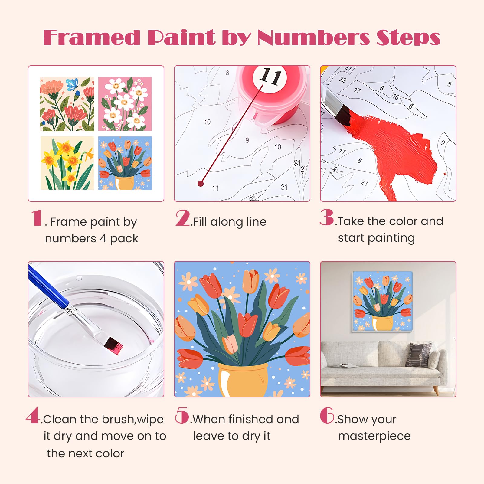 Pittura Con I Numeri MISCER Per Adulti E Bambini – Kit Fai Da Te Paesaggio Fiori – Tela 20x20cm - 4