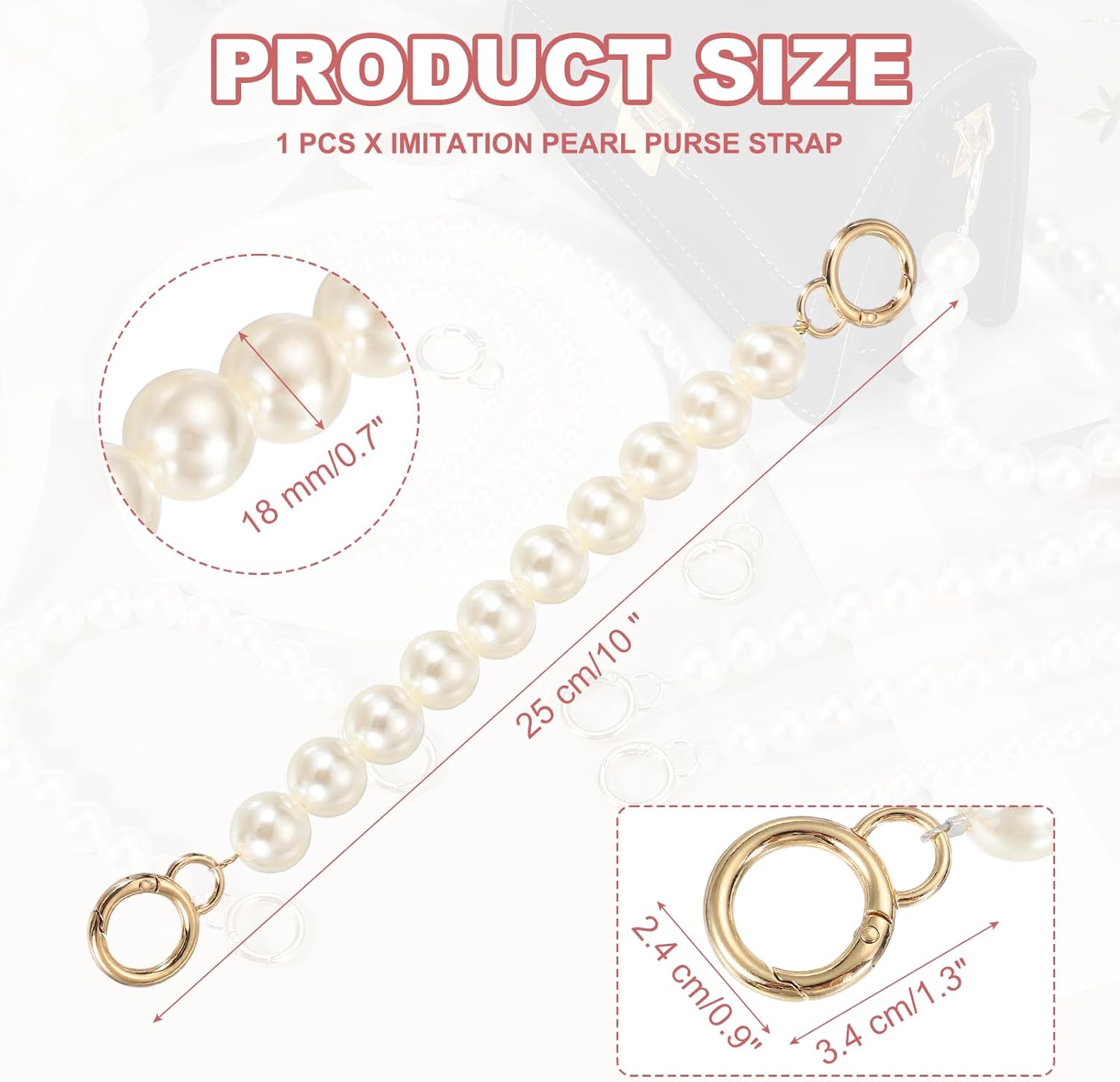 uxcell Imitation Pearl Purse Strap, 10" Bag Extender Chain with Spring Buckle Handbag Purse Chain Replacement Beaded Strap for DIY Handbag Hang Bag Accessories, 18mm Gold - Image 2