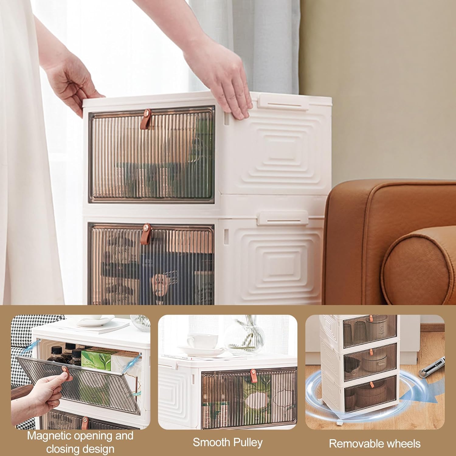 Ergocar Foldable Storage Boxes, Transparent Plastic Storage Boxes with Lid, Stackable Large Capacity Organiser, Thick and Durable, for Bedroom, Wardrobe, Office, Garage