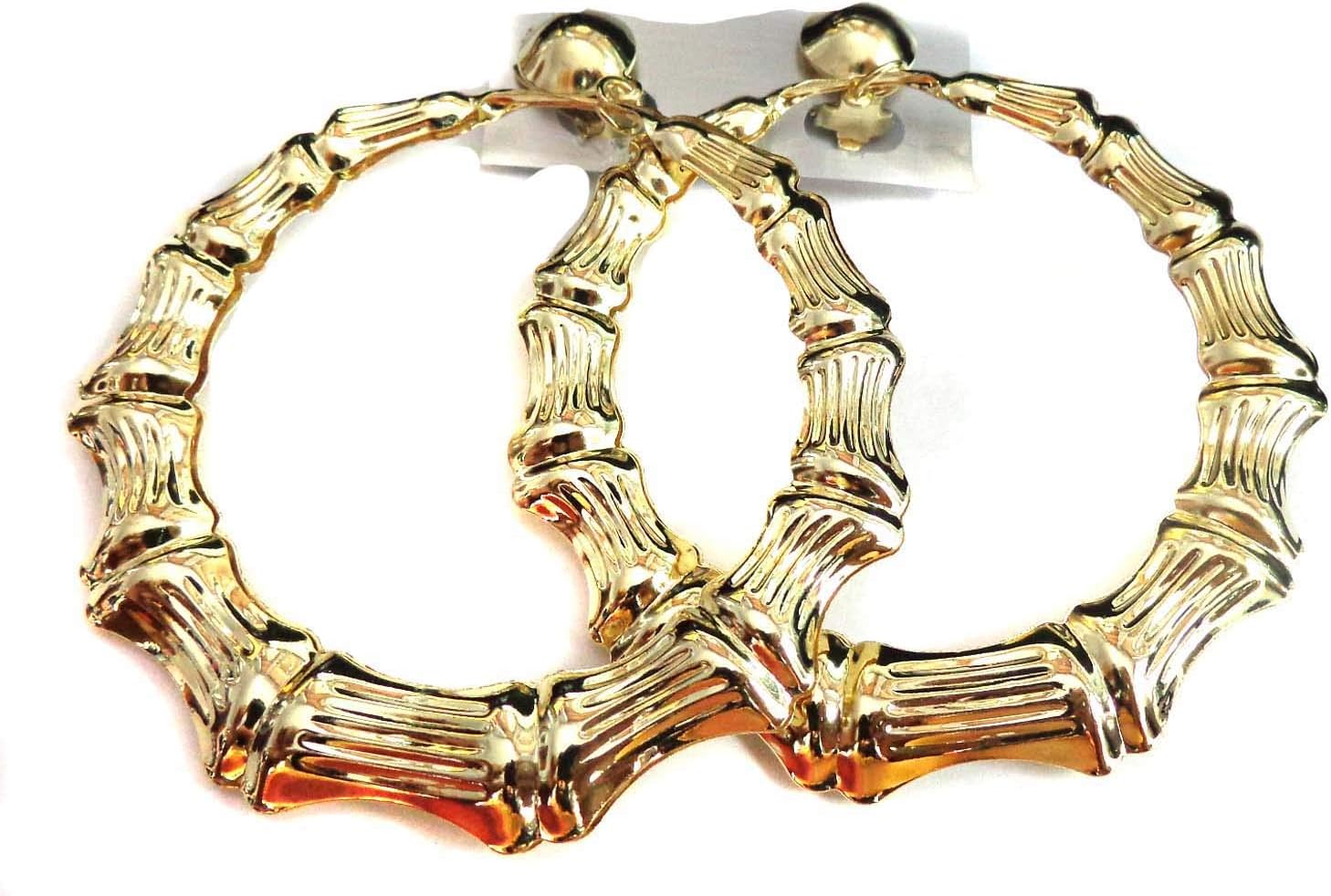 Aretes de aro bambú dorado 3 pulgadas clip-on