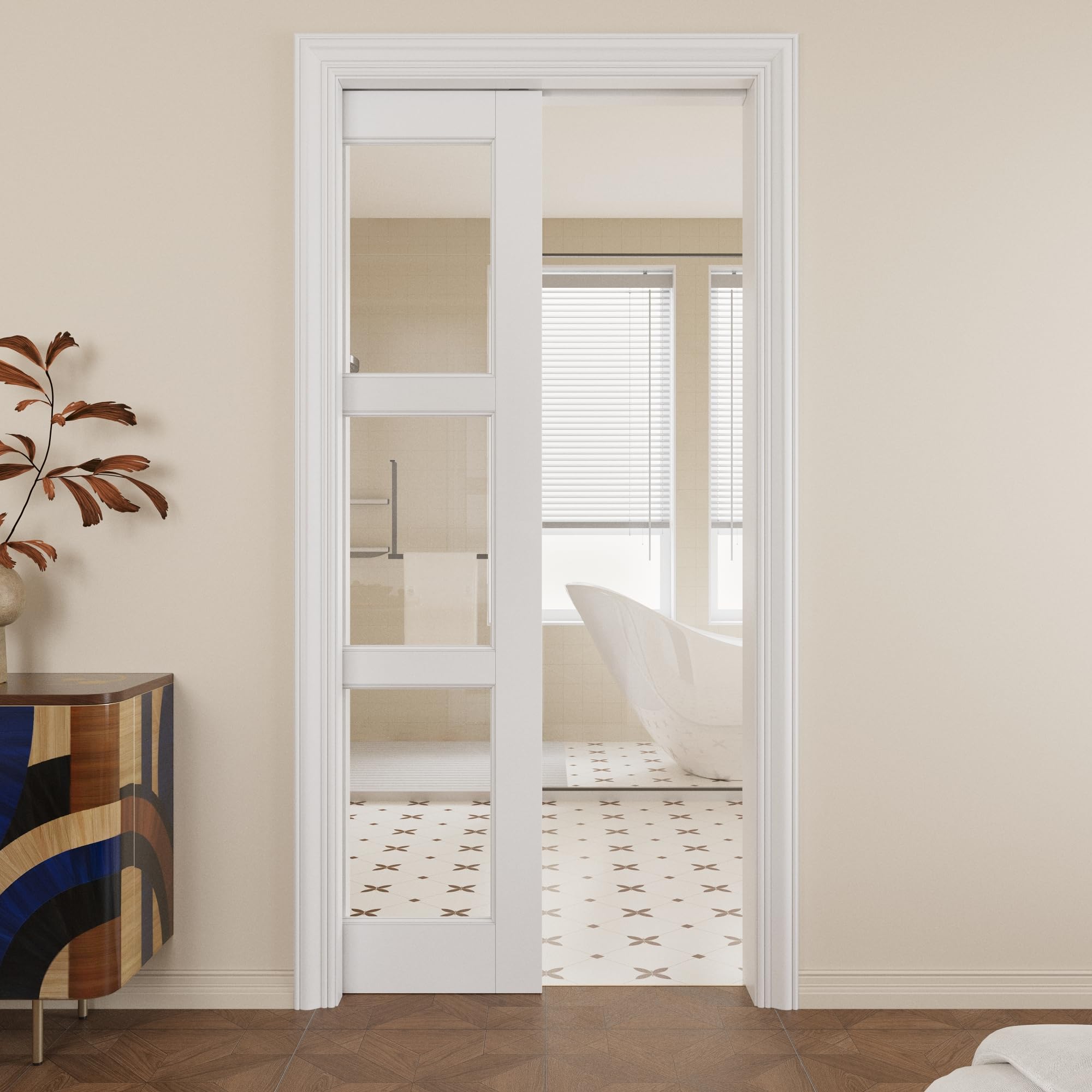 Pocket Door,3-Lite Clear Glass Doors,Home 32 x 80 Sliding Door