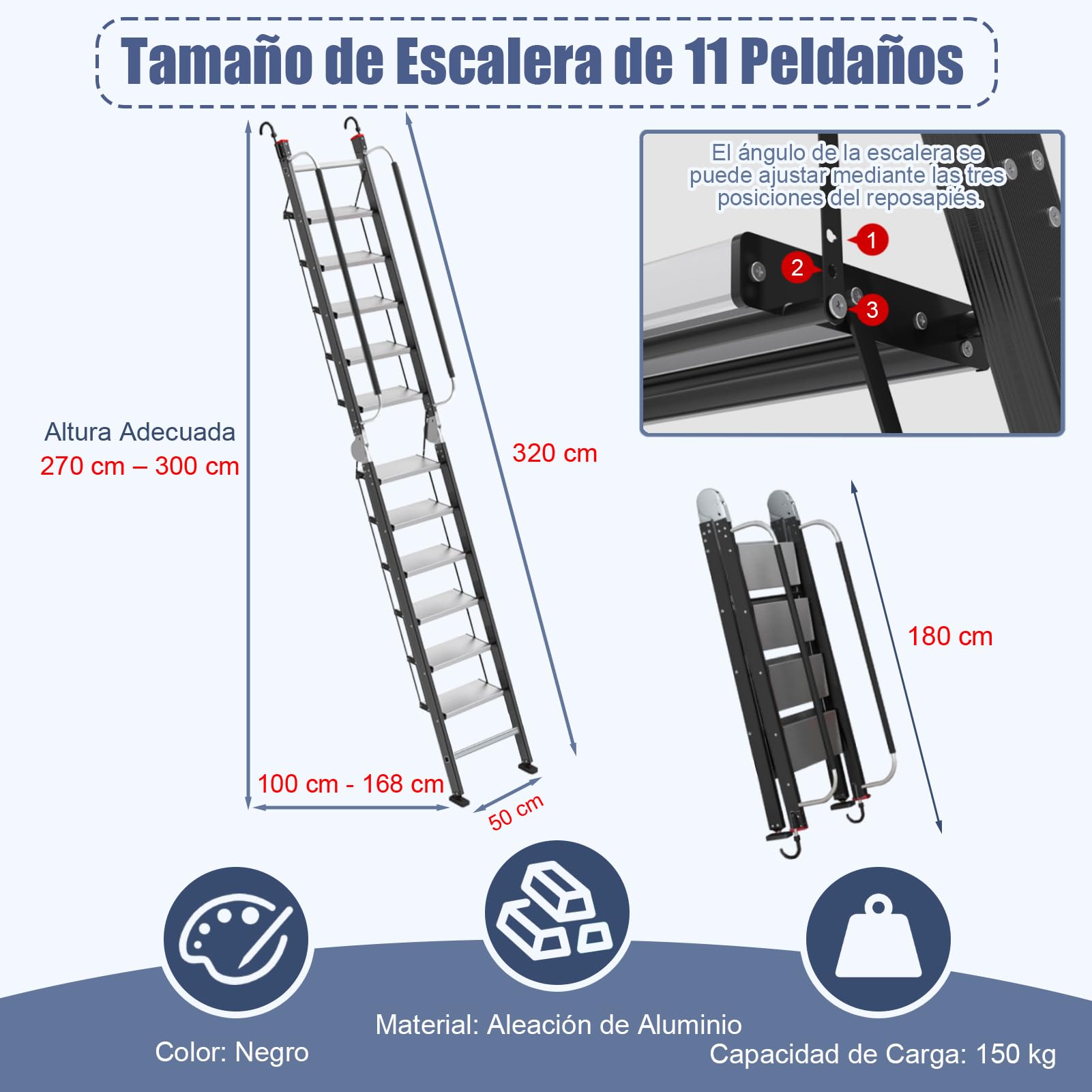 Plegable Escalera de Buhardilla con Pasamanos y Ganchos, 11 Peldaños Antideslizante Escalera para Altillo Apta para Techos de 2,7 a 3 m de Altura, Capacidad de Carga de 150kg