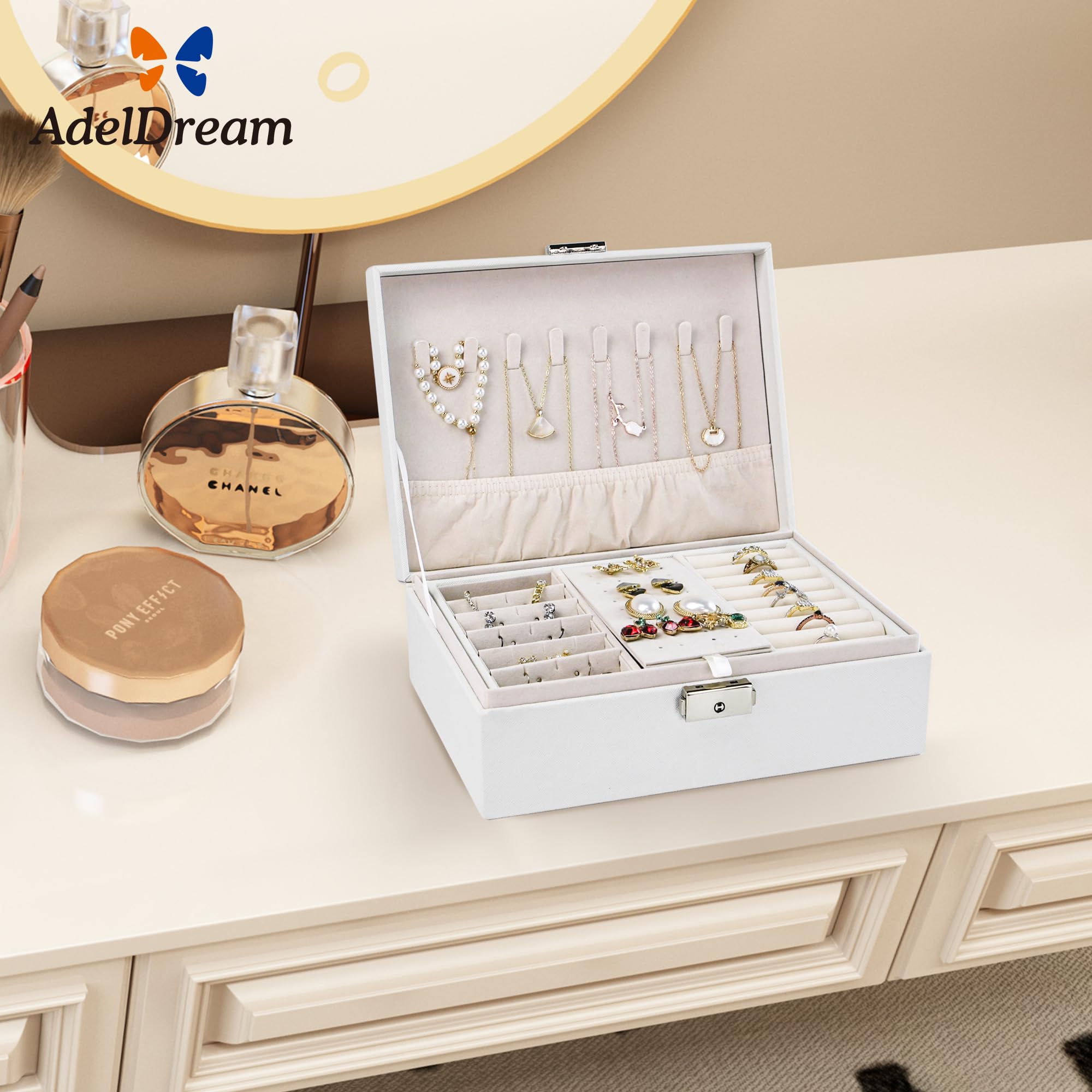 ADEL DREAM Portagioie da Donna, Portagioie Rettangolare da Viaggio Piccolo, Portagioie per Anelli, Orecchini, Collana, Bianco