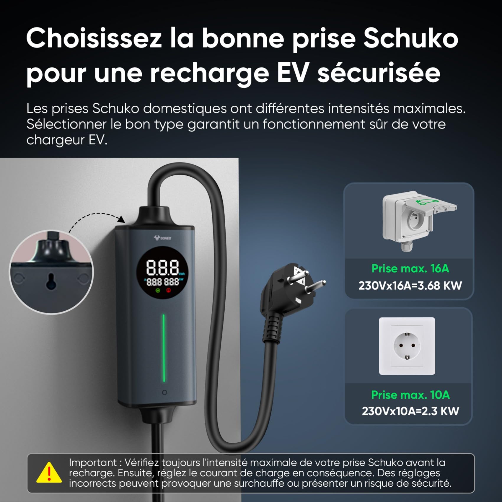 GONEO 8M Cable Recharge Voiture Electrique Type 2 monophasé,Schuko 3,68kW EV Chargeur Portable,Détection de Fuite AC 30mA+DC 6mA & Surveillance Température,Réglage 6A/8A/10A/13A/16A,Minuteur 0-8H
