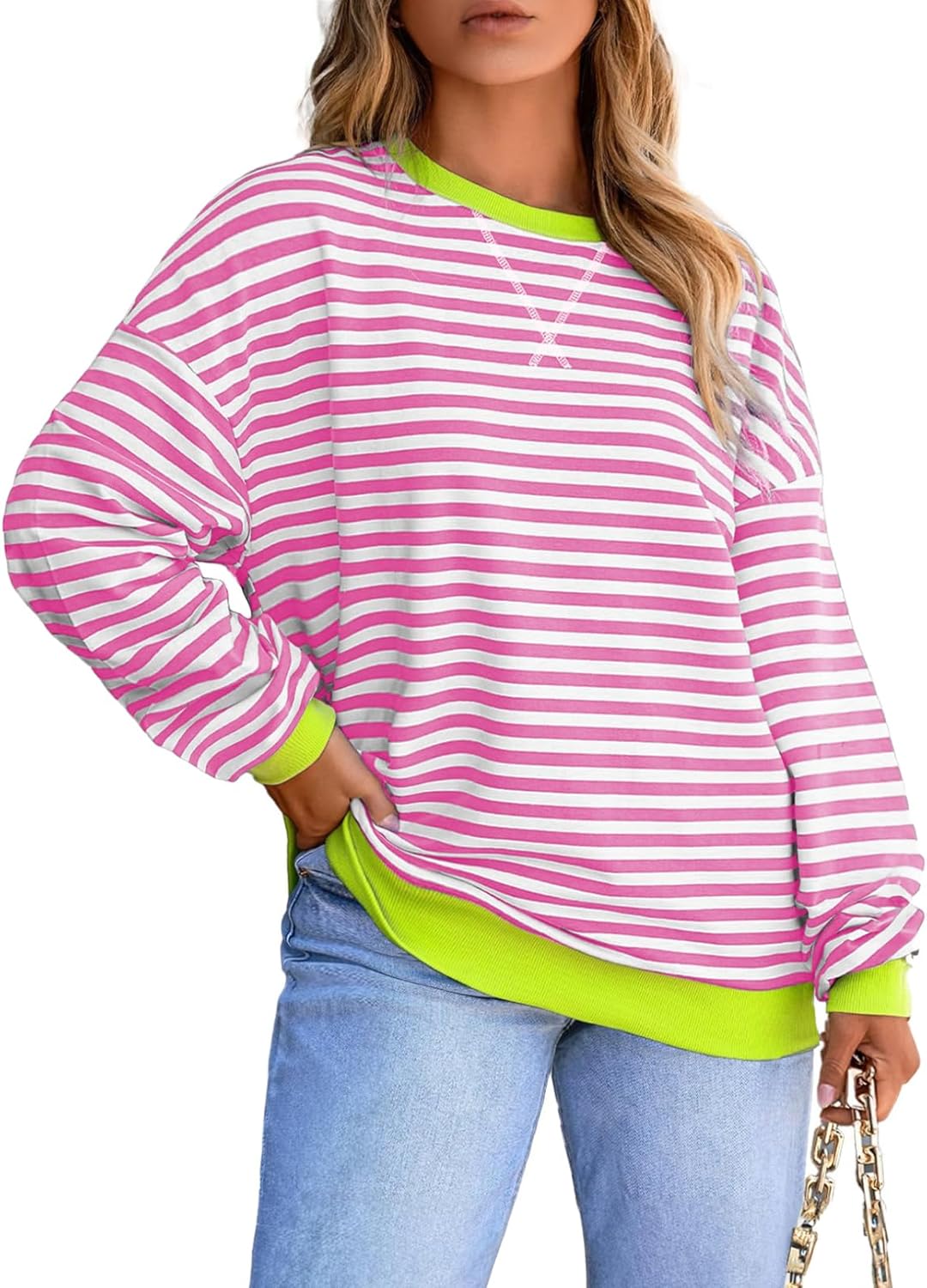Eytino Women Plus Size Sweatshirt Striped Color Block Crew Neck Pullover Tops Long Sleeve Casual Shirt(1X-5X)