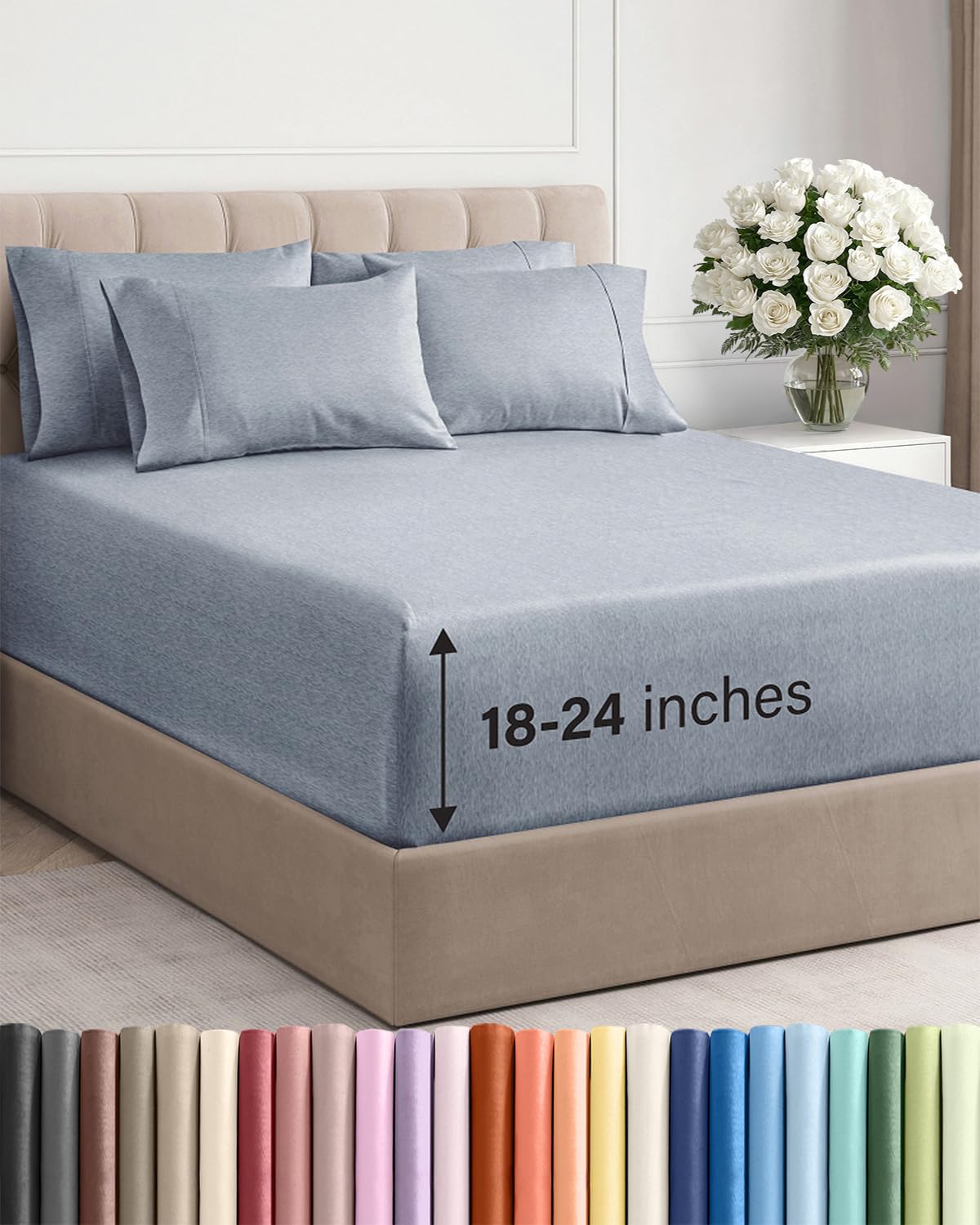 Extra Deep Queen Sheet Set - 6 Piece Breathable and Cooling Sheets - Hotel Luxury Bed Sheets Set - Easy Fit - Soft, Wrinkle Free and Comfy Sheets Set - Heathered Blue Sheet Set with Extra Deep Pockets