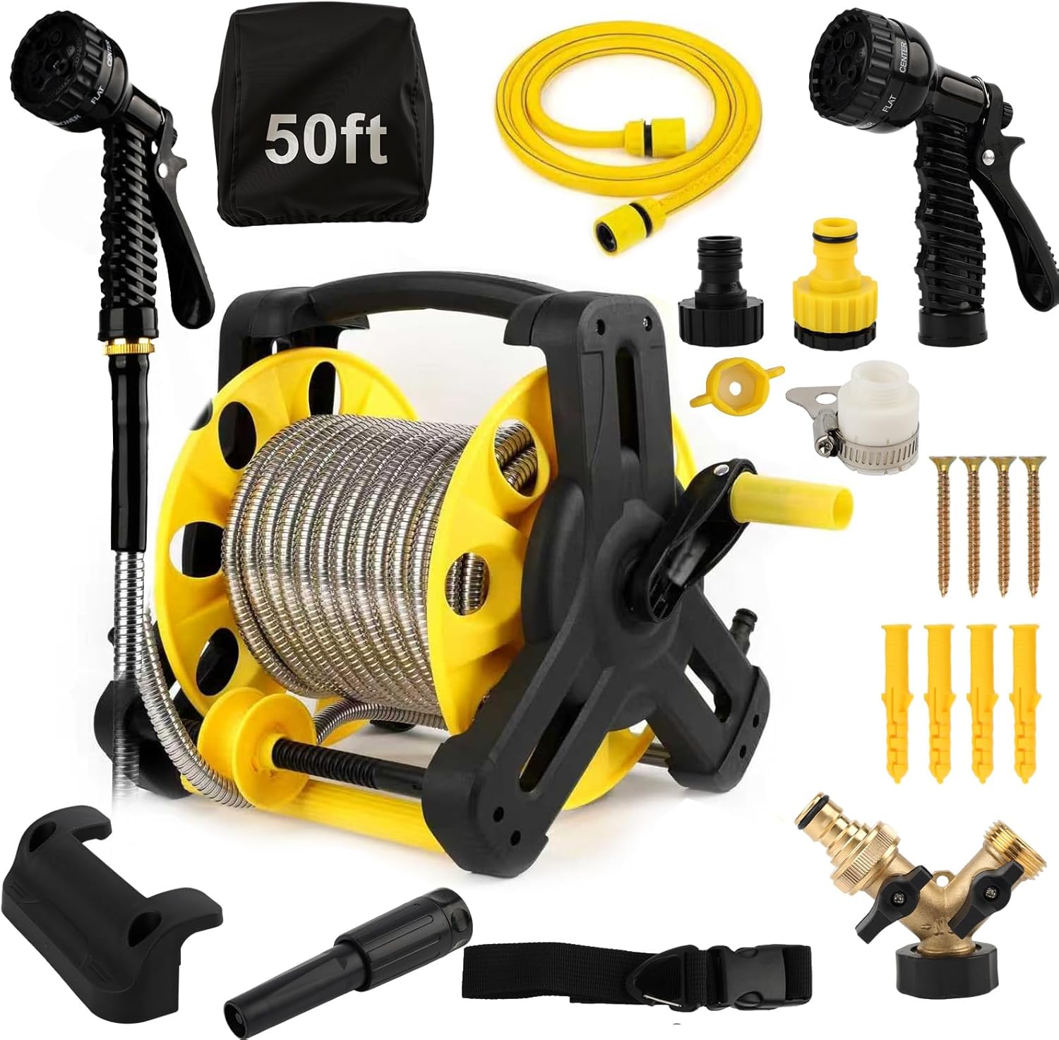 50FT 304 Stainless Steel Garden Hose with Reel, Heavy Duty Metal Water Hose with Holder & Storage Cover, Kink Free Tangle Free Flexible Outdoor Hose Set for Yard Garden