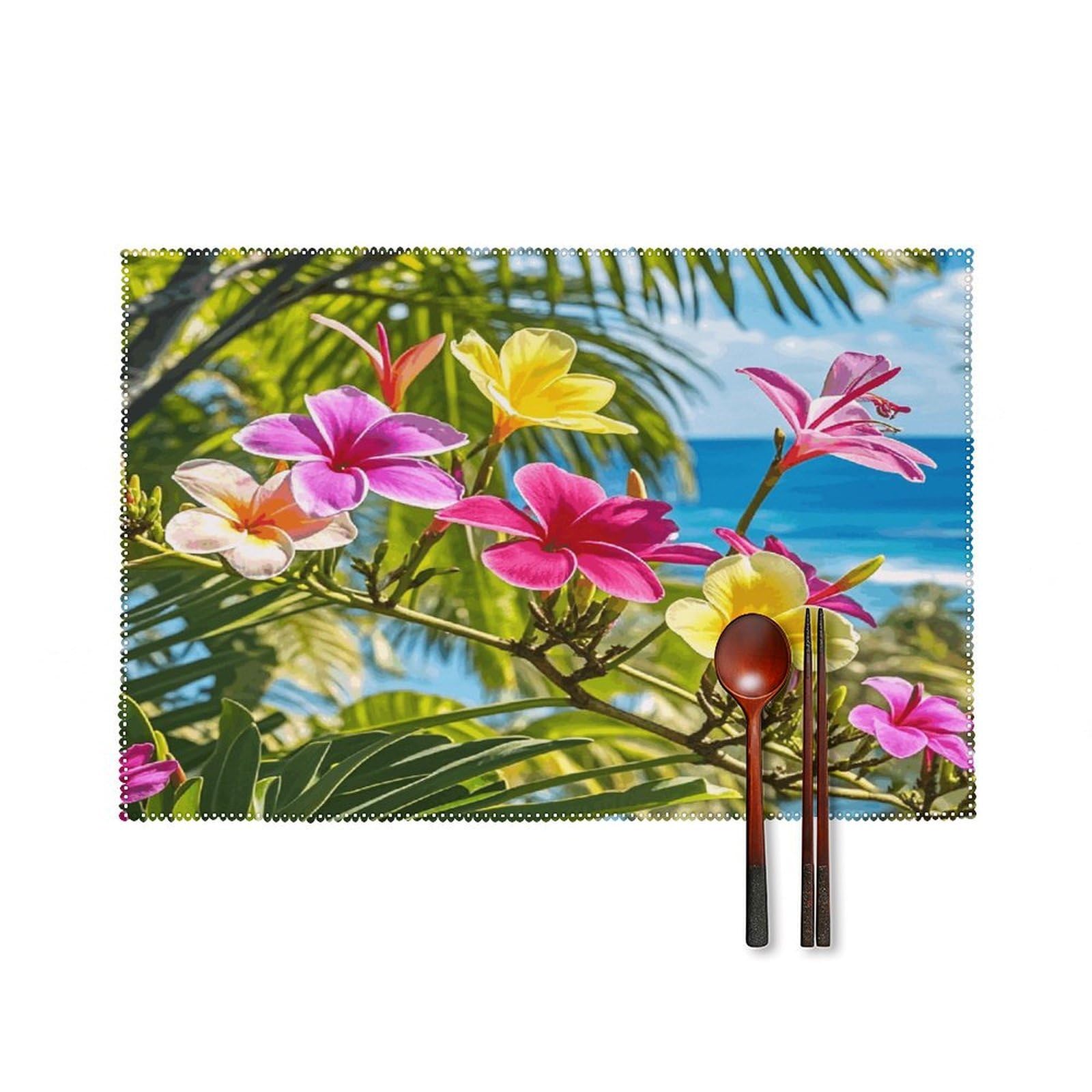 Hawaii Flower Placemats Set of 4 Heat Resistant Non-Slip Place Mats for Dining Table Washable Placemat Wipeable Dining Table Mat Canvas Place Mats Dining Table Decor