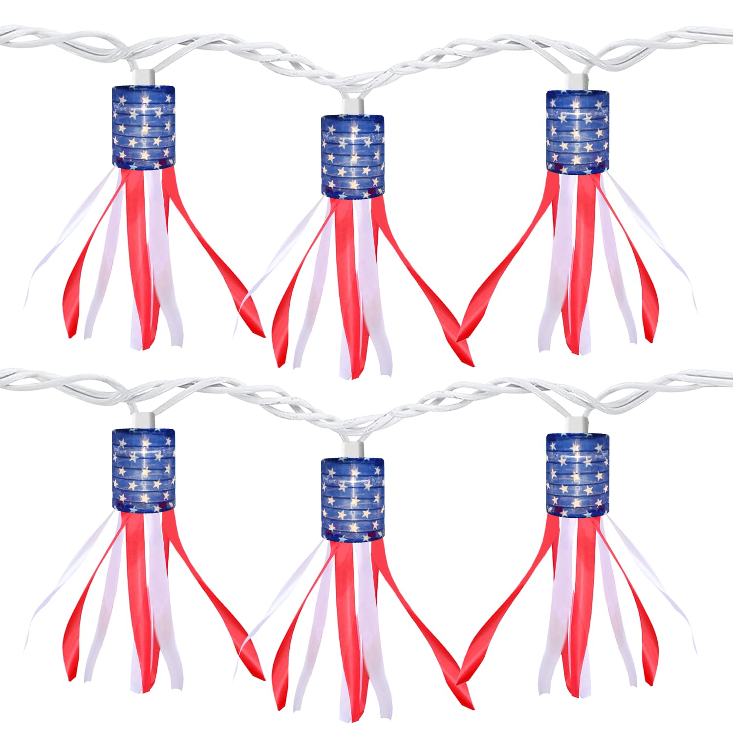 Photo 1 of PASUTO 4th of July Decorations Lights, 8.5 FT American Flag Windsock String Lights Plug in with 10 LED Flag Windsock Bunting for Indoor/Outdoor Fourth of July Home Decorations