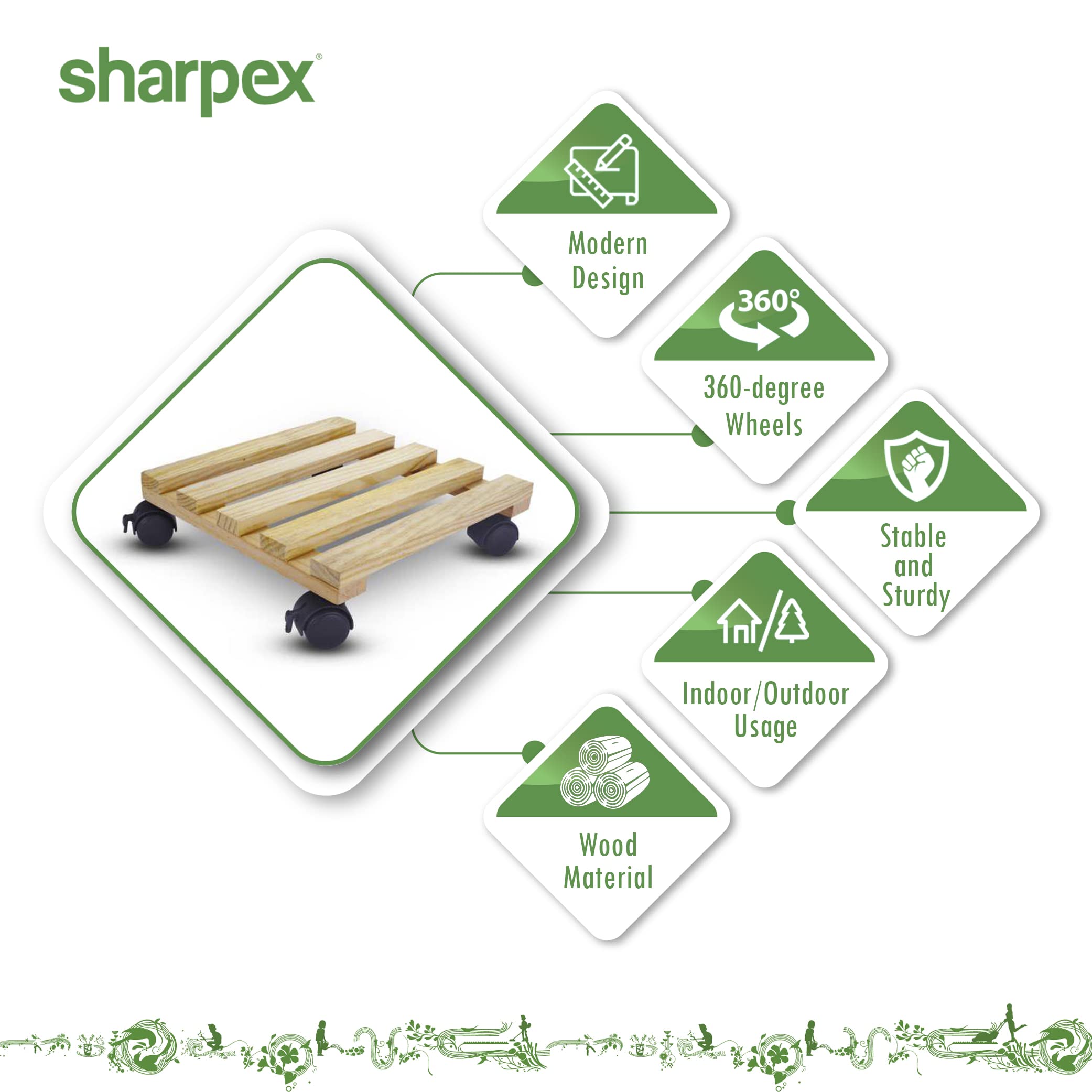 Sharpex Wooden Plant Stand Beige Planter Trolley Rolling Tray Coaster