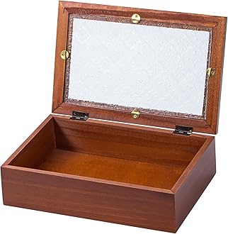 Useekoo Wooden Storage Box Container with Hinged Glass Lid & Front Clasp, 9.2”x4.7”x2.7” Vintage Wood Keepsake Boxes, Rustic Memory Gift Box for Jewelry, Wedding, Peals(Brown)