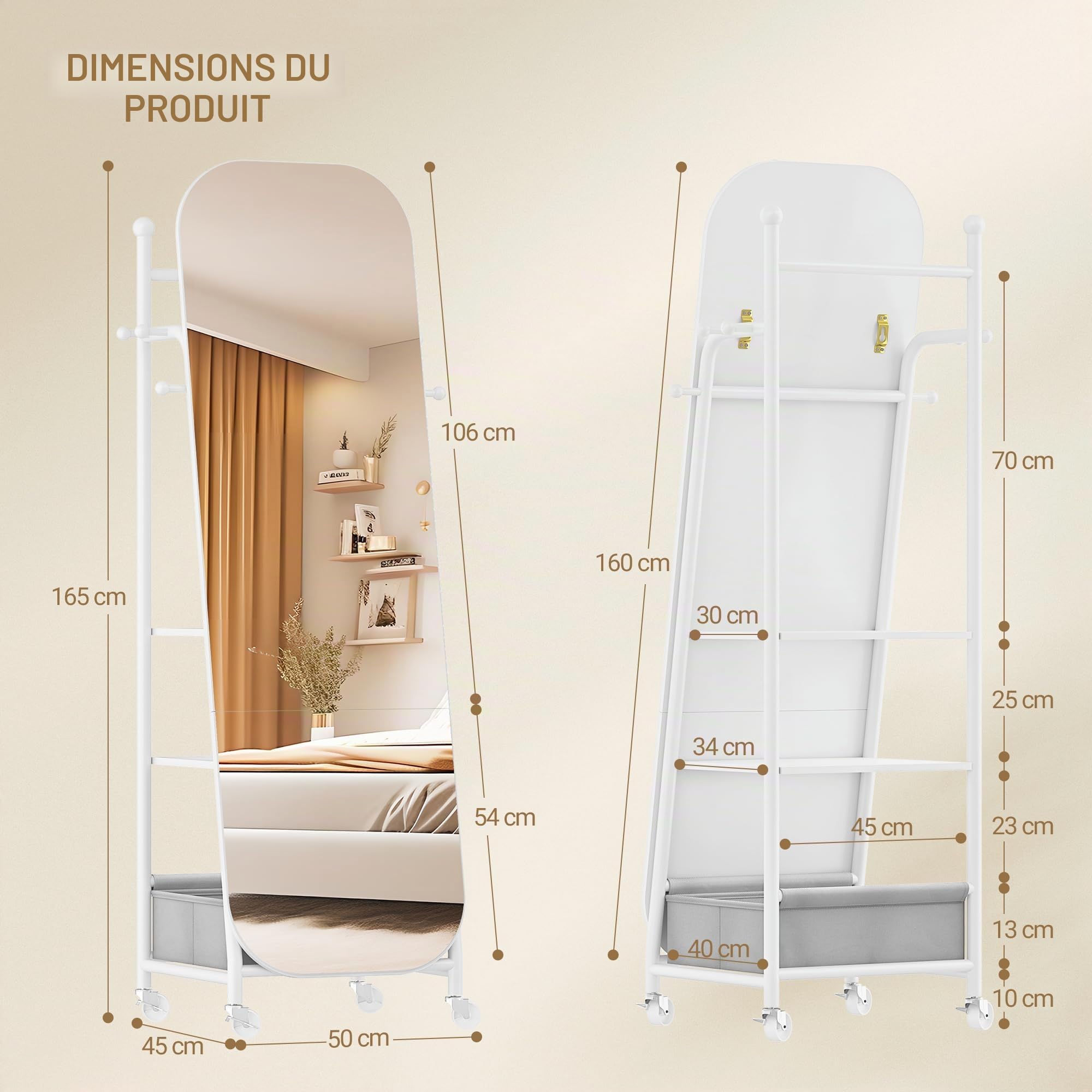 Miroir sur pied avec Porte-Manteau 50x165,8 cm Roues Pivotantes 360° Blanc