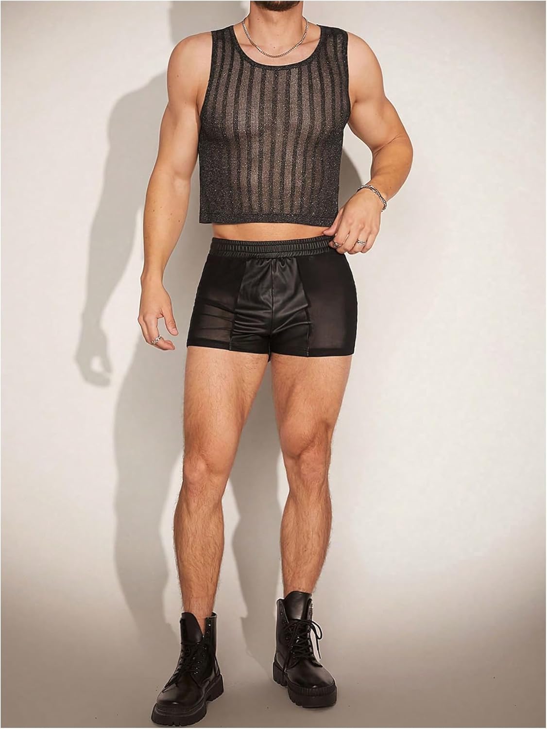 WDIRARA Men's Mesh Sheer Faux Leather Elastic Waist Skinny Shorts Party Club Rave Shorts - Image 5