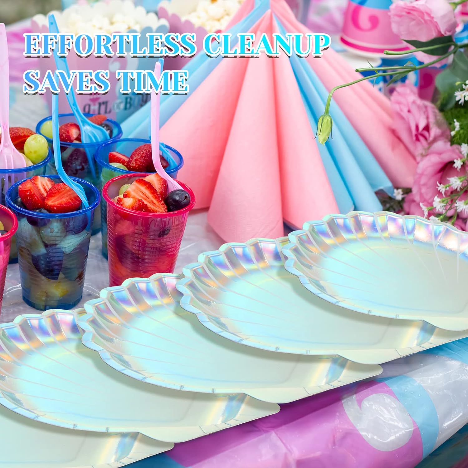 Set of 96 Color silver Zopeal 96 Pcs Mermaid Paper Plates Seashell Plates Party Supplies 9 Inch Disposable Iridescent Holographic for Girl Kids Birthday Party Decorations