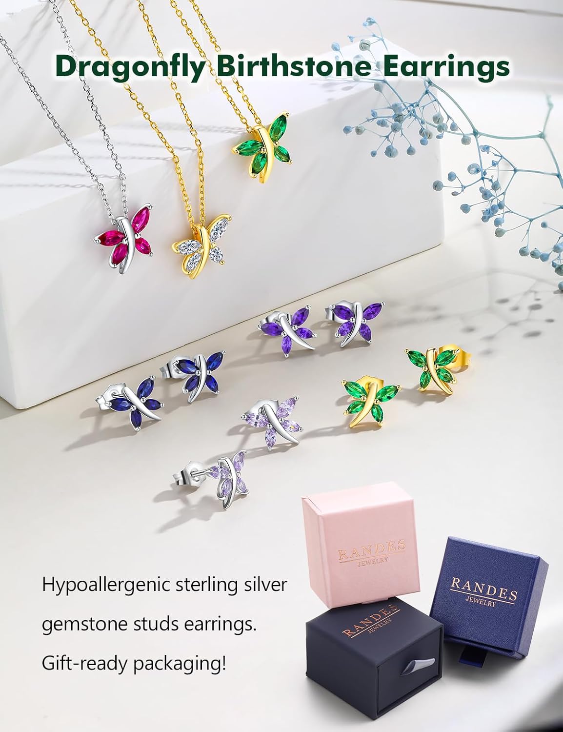 925 Sterling Silver Dragonfly Stud Earrings for Women Trendy Dainty Cute Earrings Ruby/Sapphire/Emerald Gemstone Studs Birthstone Anniversary Jewelry - Image 4