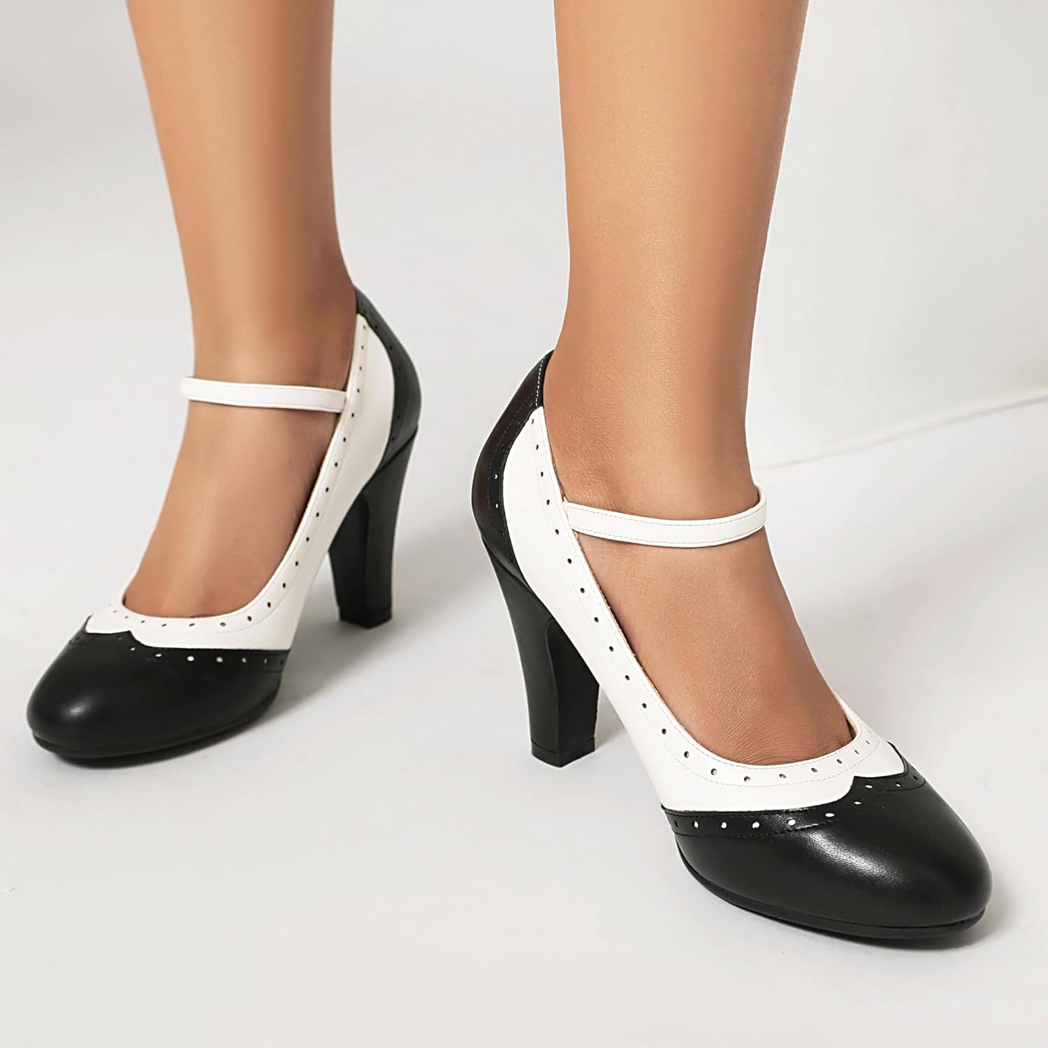 Women's Mary Jane Wingtip Rockability Oxford Two Tones Close Round Toe Vintage 1950s Heels Ankle Straps Retro 1920s Victorian Pumps Shoes - Image 3