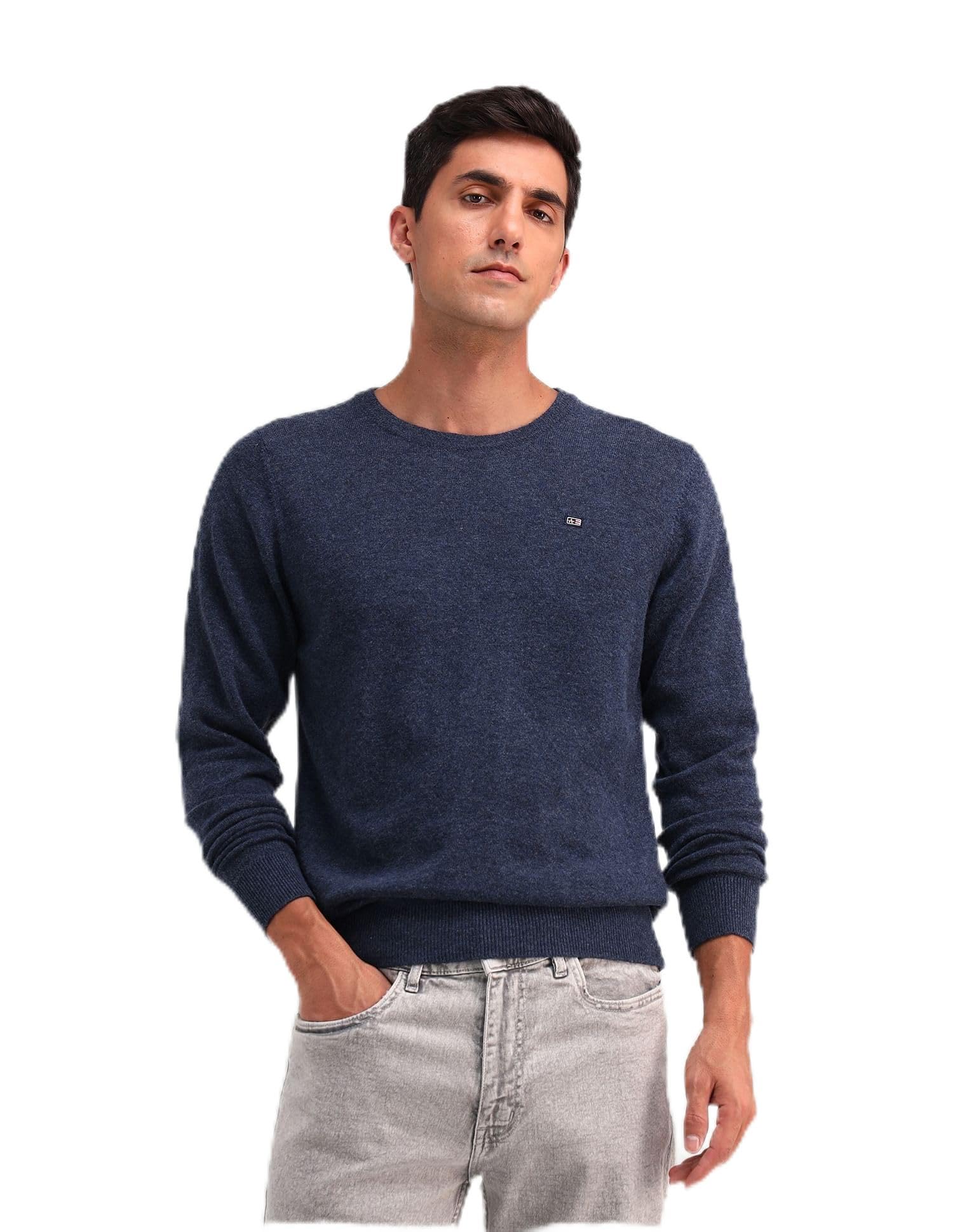 arrow sports Mens Blue Solid Long Sleeve Cotton Classic Pullover Sweater-picture-40