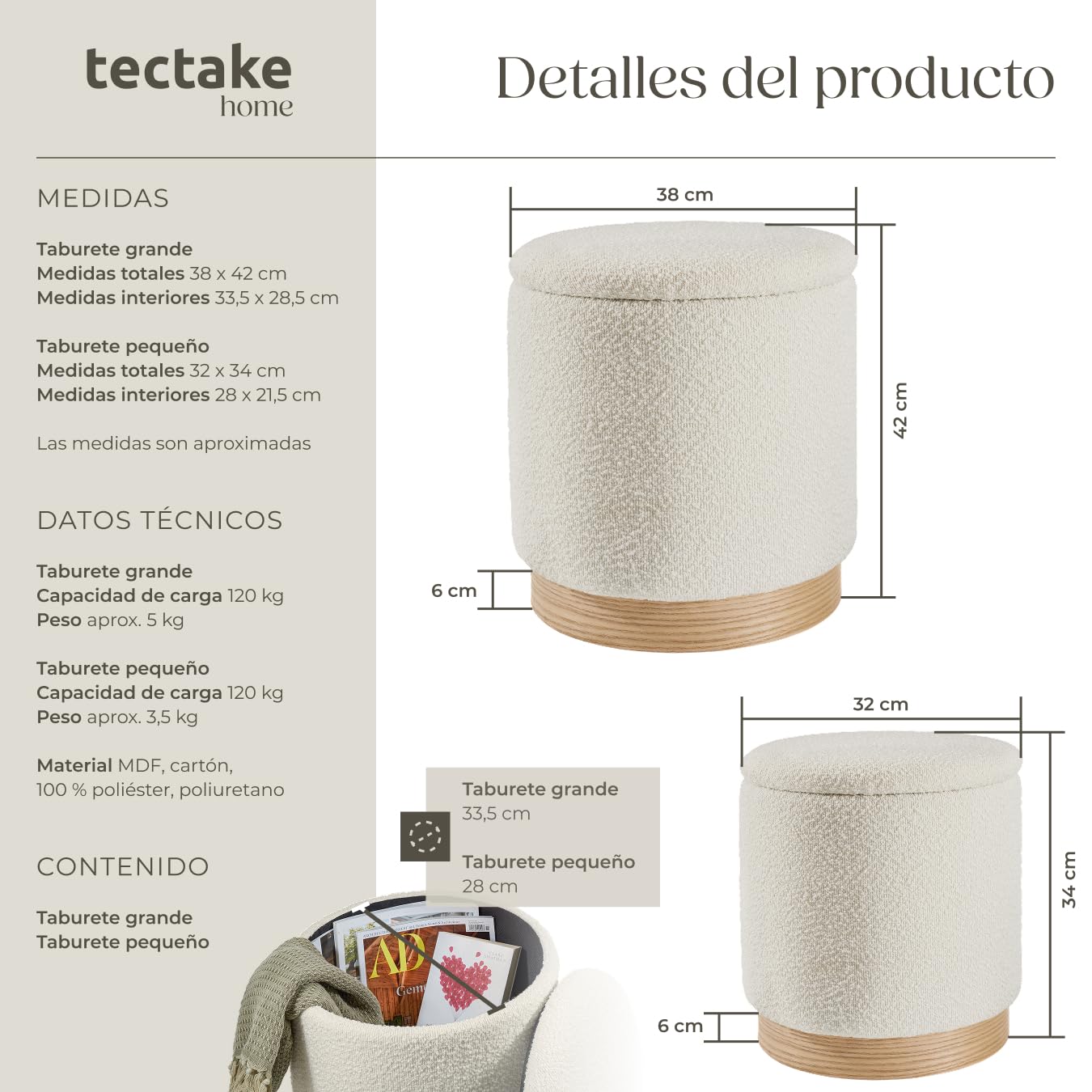 tectake® Taburete Grande y Pequeño, 2 Taburetes Acogedores y Apilables, Tela Bouclé, Escandinavo, Carga 120 kg, MDF, Gran Puff Salon Almacenaje para Hogar, Pequeño Zapatero Entrada Recibidor - Crema