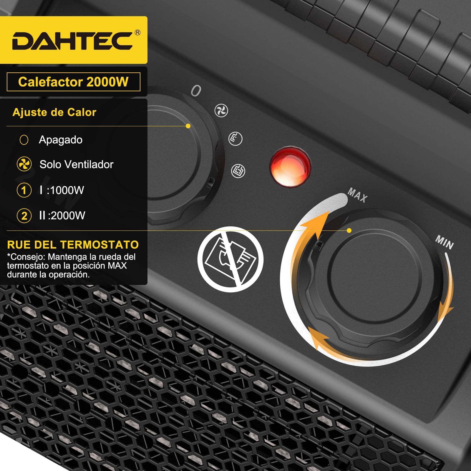 Calefactor Bajo Consumo 2000W - Ceramico Aire Caliente - Protección Antivuelco & Termostato - Apto para Hogares, Baños