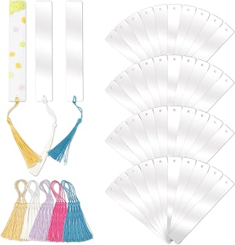 Acrylic Bookmarks Blanks Bulk 80PCS Rectangle Clear Bookmark Plastic Blank 40 Sets with 5 Color Tassels for Vinyl DIY Craft 5.9 * 1.0 inch