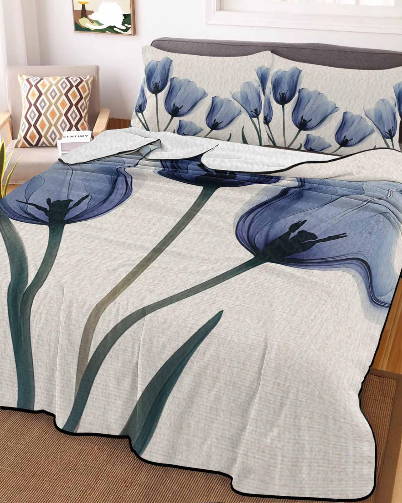 LOT BASIC 3-Piece Summer Quilt Twin Size, Blue Tulip Lightweight Cooling Bedding Comforter Blanket with 2 Pillow Shams, Rustic Spring Floral Summer Botanical Bedspreads Quilted Coverlet Sets 68